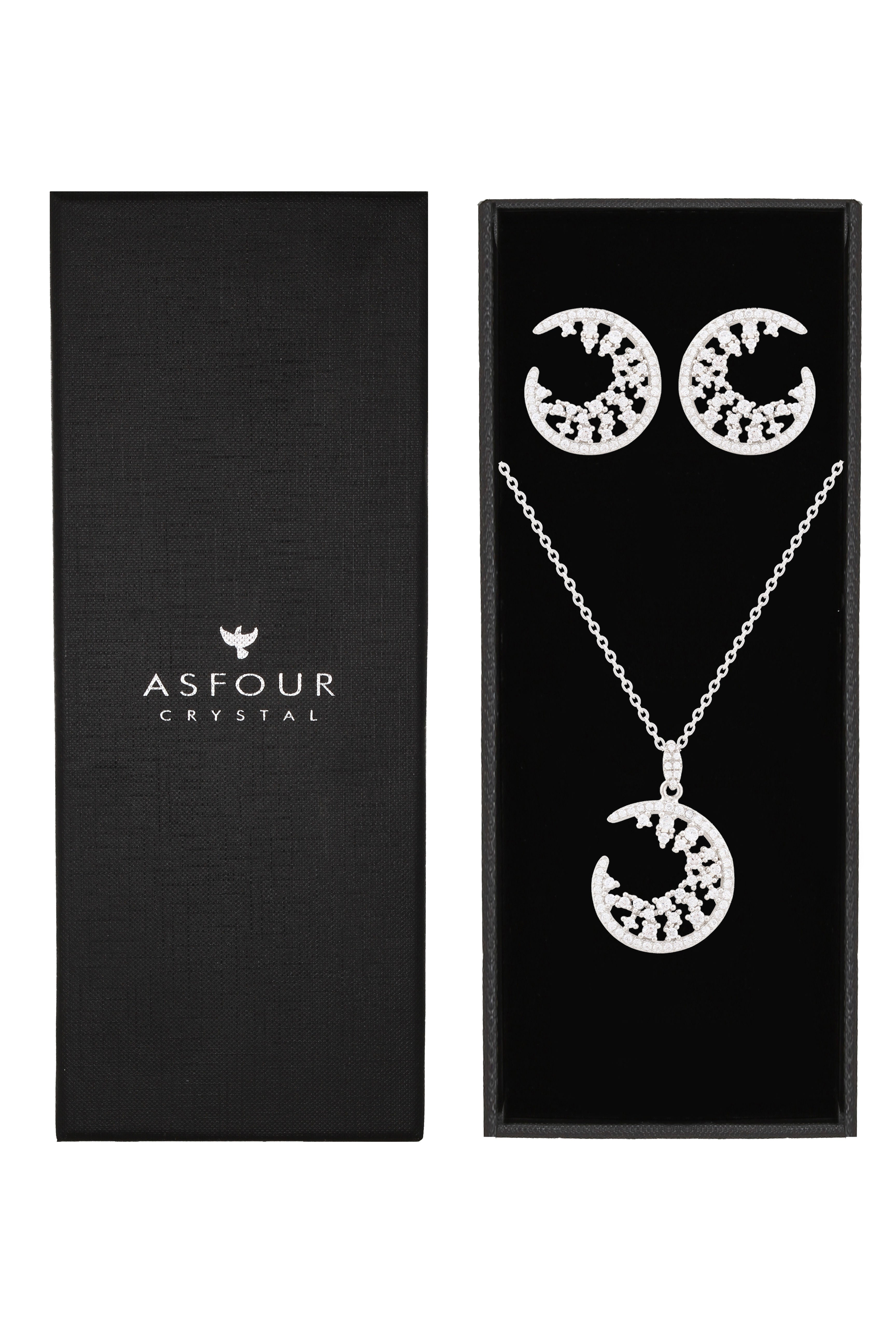 Asfour Crystal 925 Sterling Silver Necklace & Earrings With Hollow Pear Design Inlaid With Zircon Stones SR0103-W