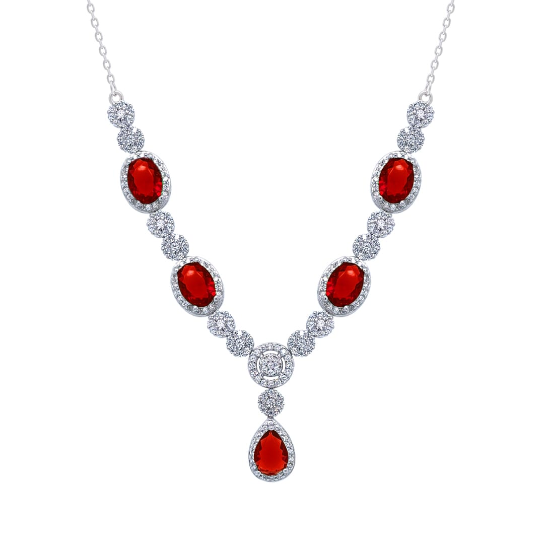 Asfour Crystal Jewelry Set Of Necklace & Bracelet & Earrings & Ring With Ruby Oval Design In 925 Sterling Silver-SR0118-R-7