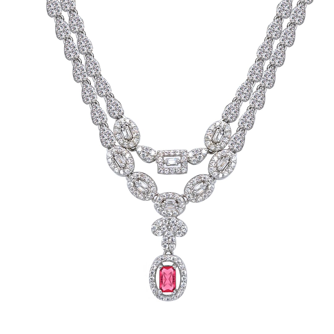 Asfour Crystal Jewelry Set Of Necklace & Bracelet & Earrings & Ring With Fuchsia Decorative Design In 925 Sterling Silver-SR0121-WF-7