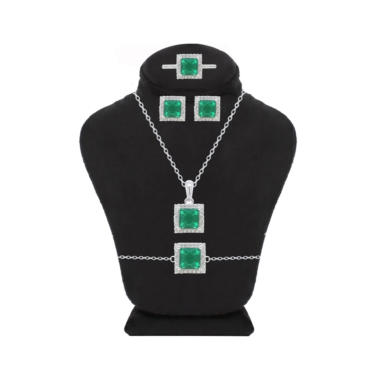 Asfour Crystal Jewelry Set With Emerald Square Design In 925 Sterling Silver-SD0037-G-8