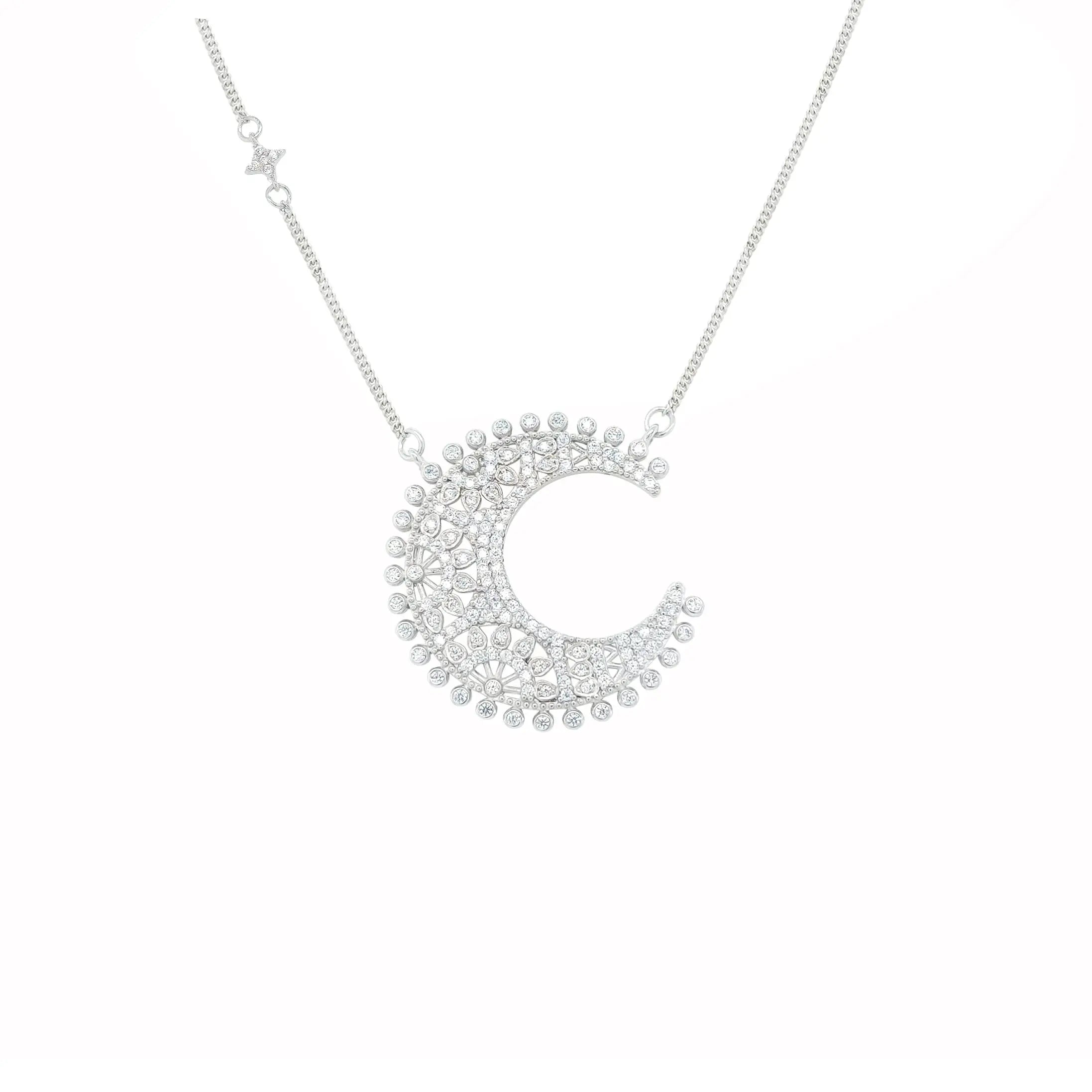 Asfour 925 Sterling Silver Necklace with Round Zicron Stone, Clear-NE0041