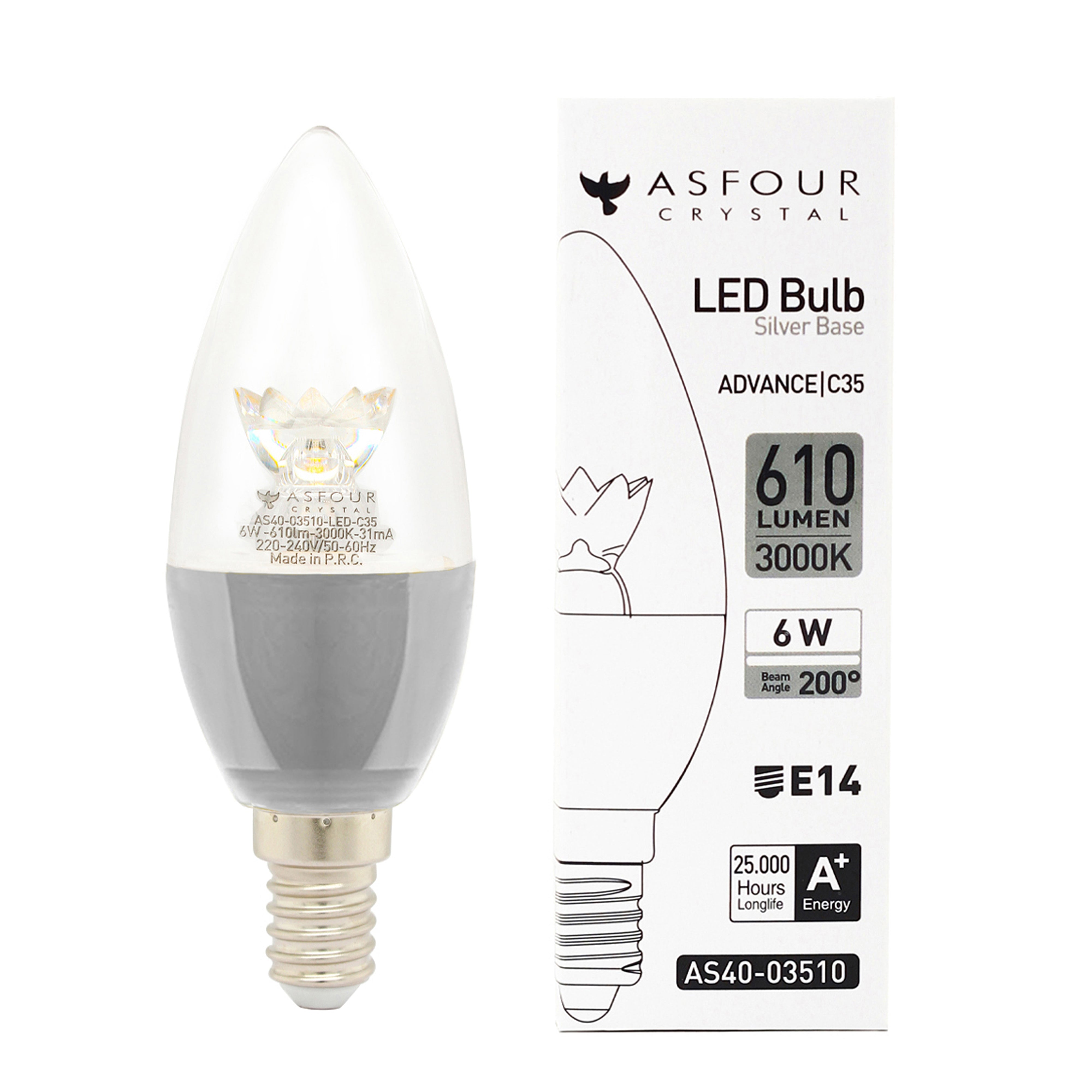 Asfour Transparent Led Filament Bulb E14 - Warm Light - 6W With Lens and Silver Base (Energy Saver)