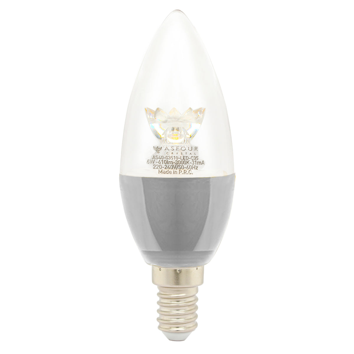 Asfour Transparent Led Filament Bulb E14 - Warm Light - 6W With Lens and Silver Base (Energy Saver)