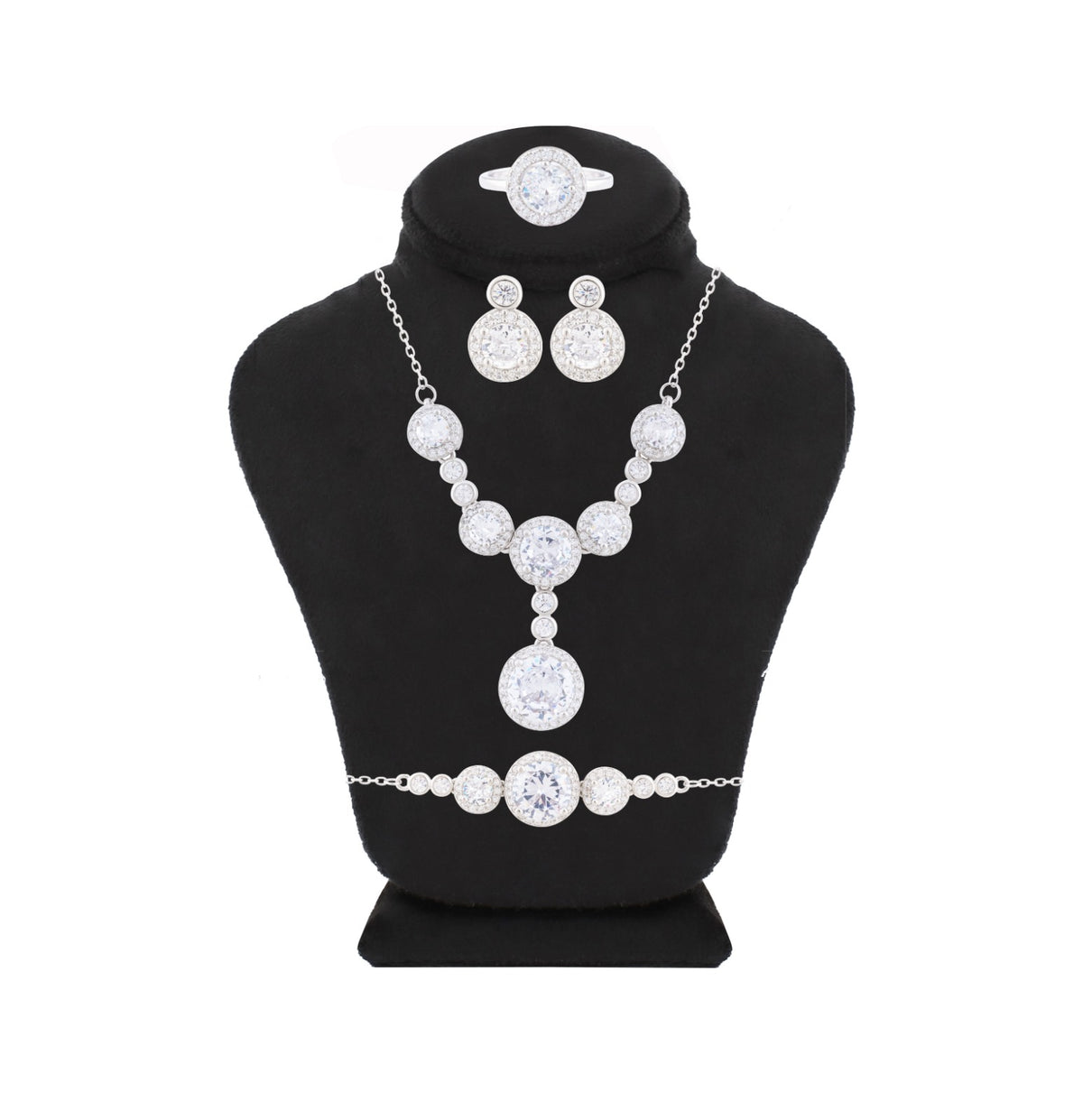 Asfour Crystal Jewelry Set Of Necklace & Bracelet & Earrings & Ring Inlaid With Round Zircon Stones In 925 Sterling Silver-SR0111-7