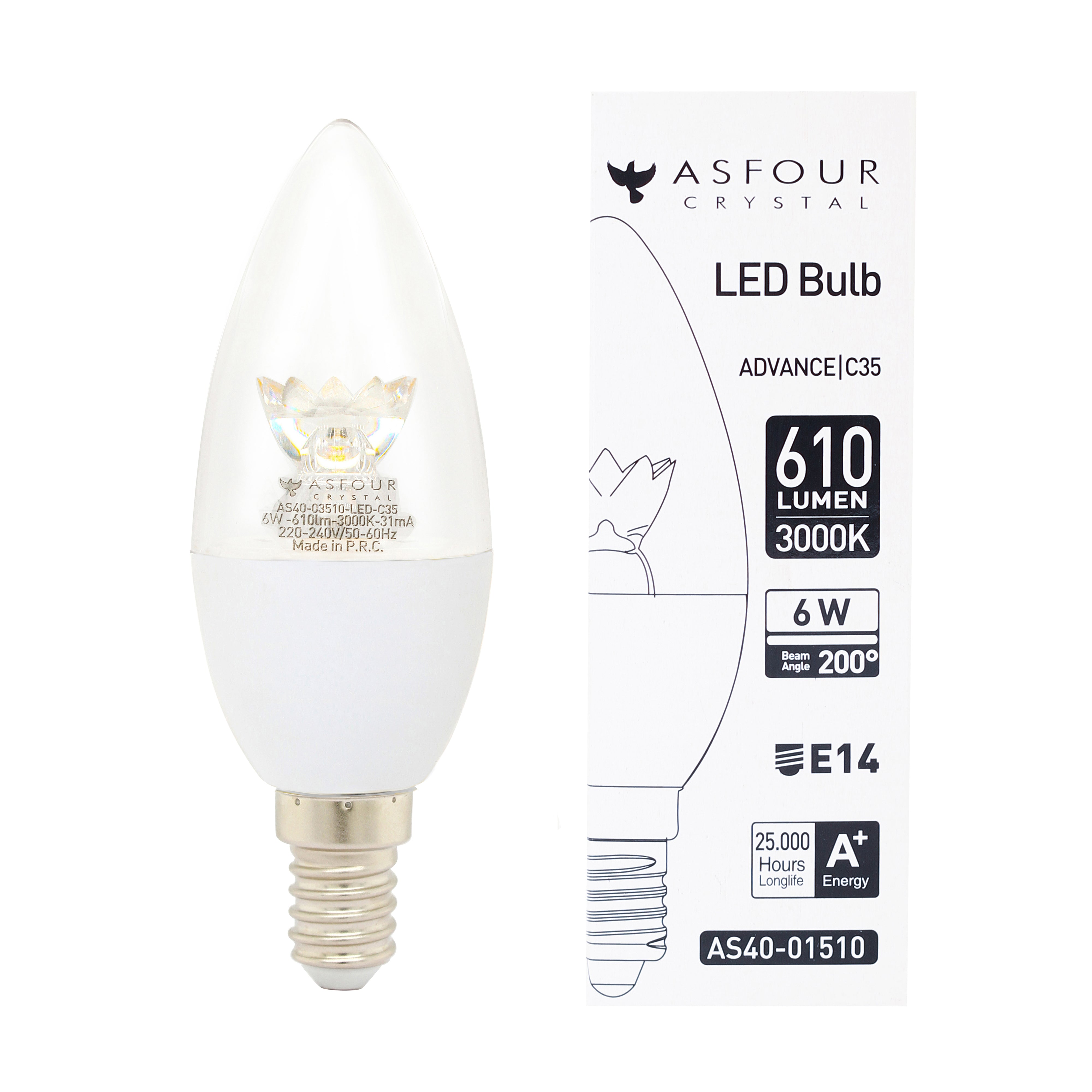 Asfour Transparent Led Filament Bulb E14 - Warm Light - 6W With Lens and White Base (Energy Saver)