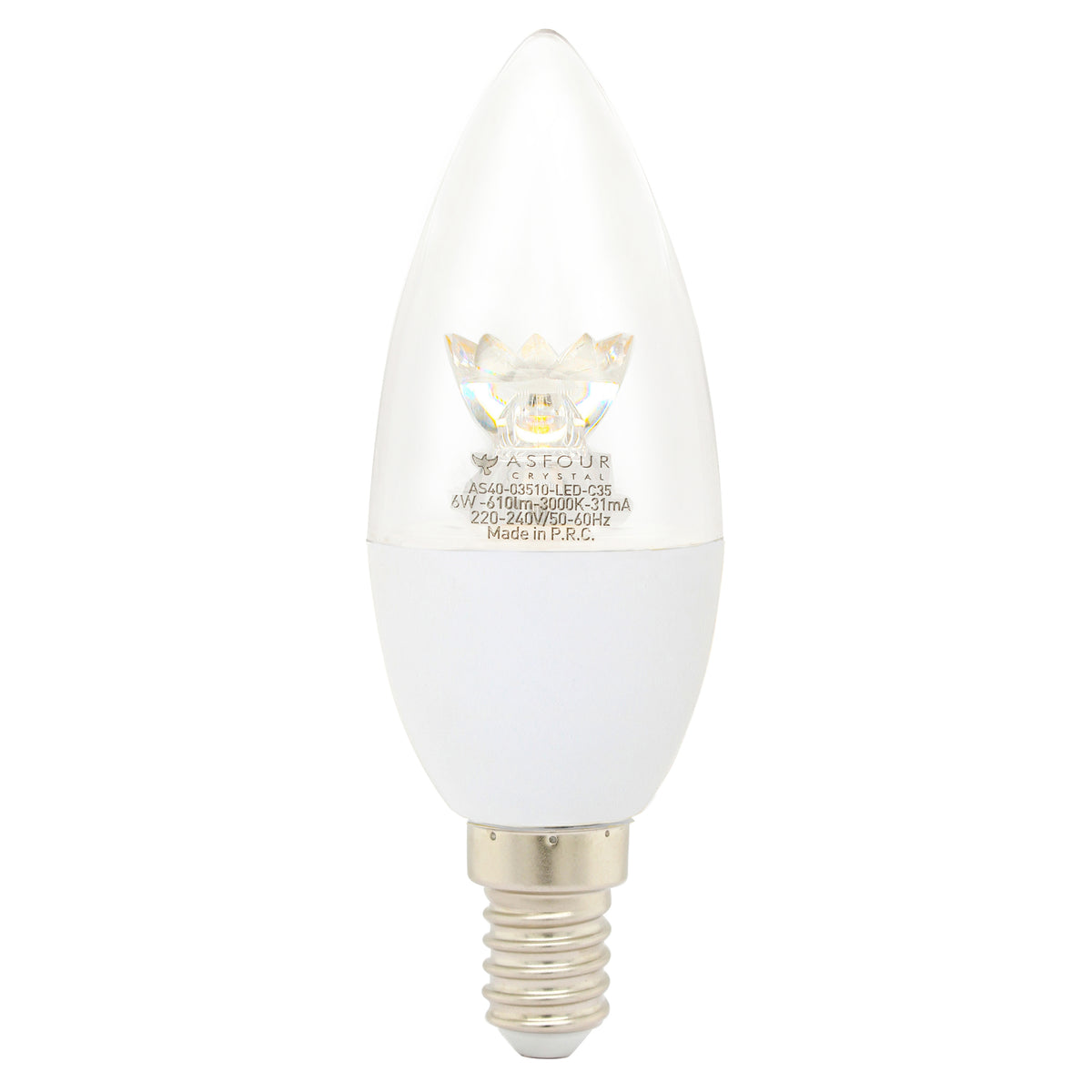 Asfour Transparent Led Filament Bulb E14 - Warm Light - 6W With Lens and White Base (Energy Saver)