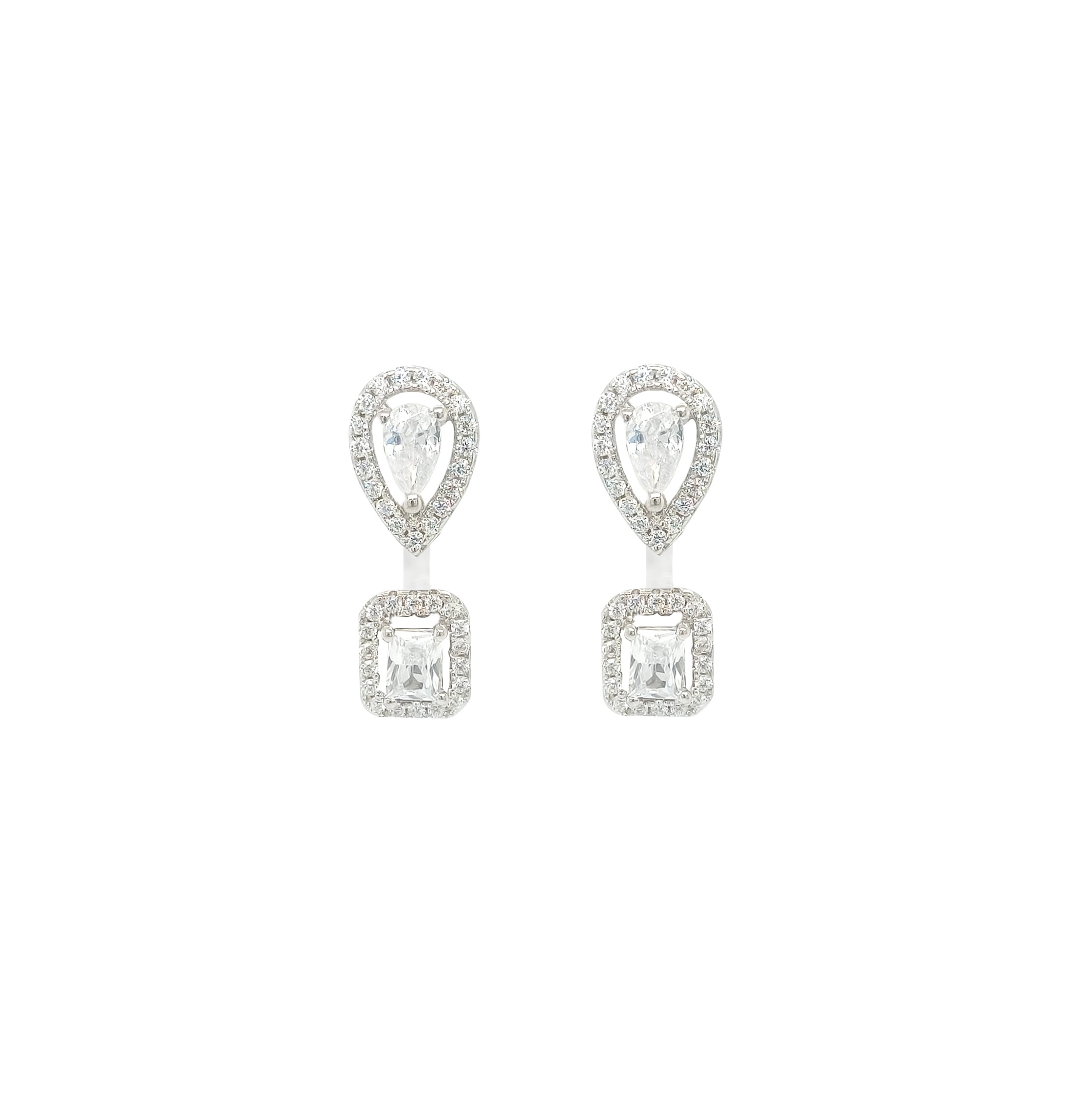 Asfour Crystal 925 Sterling Silver  Square & Pear Stud Earrings