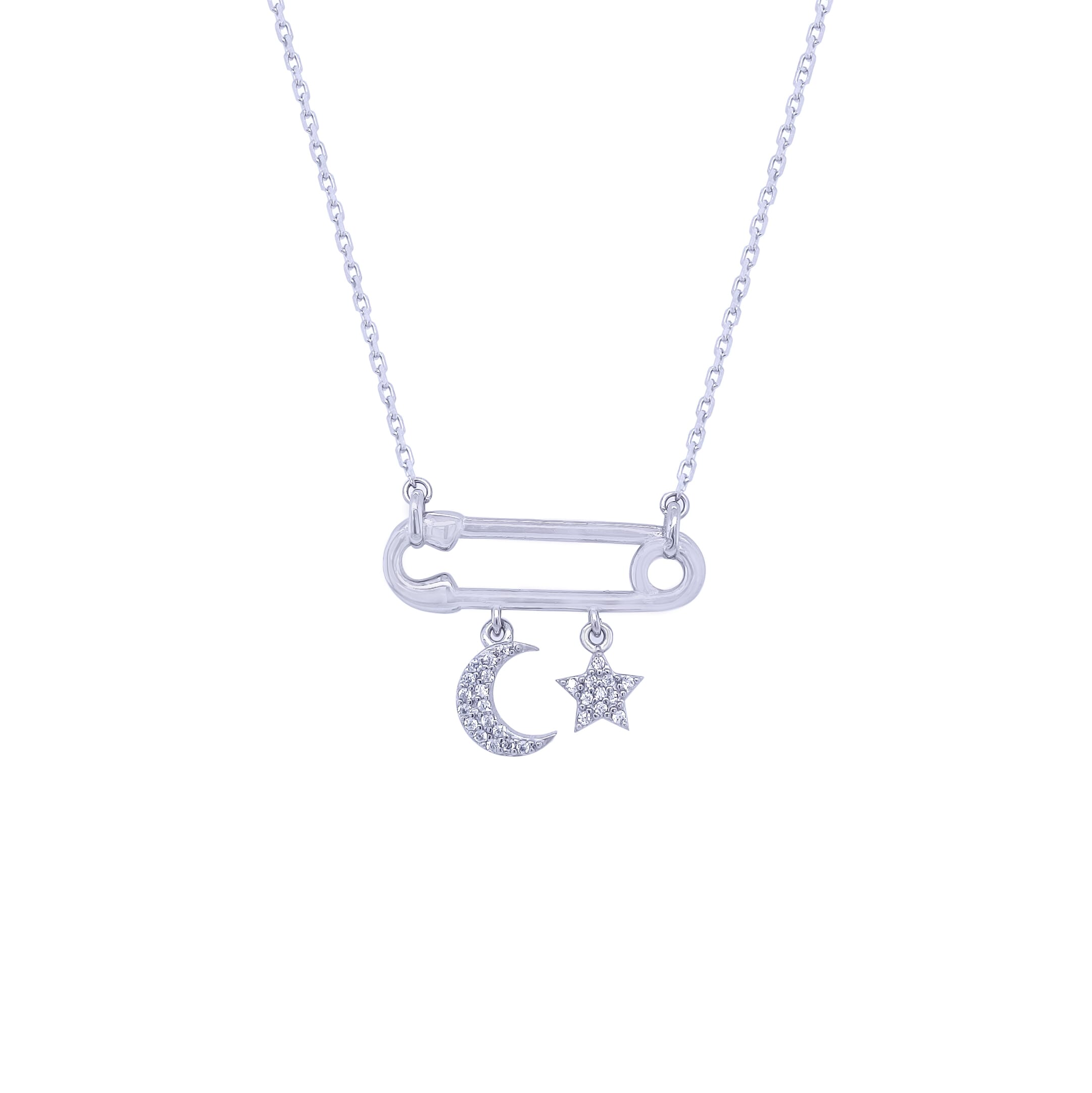 Necklace Silver With Pin, Moon And Star-Necklaces-Asfour Crystal