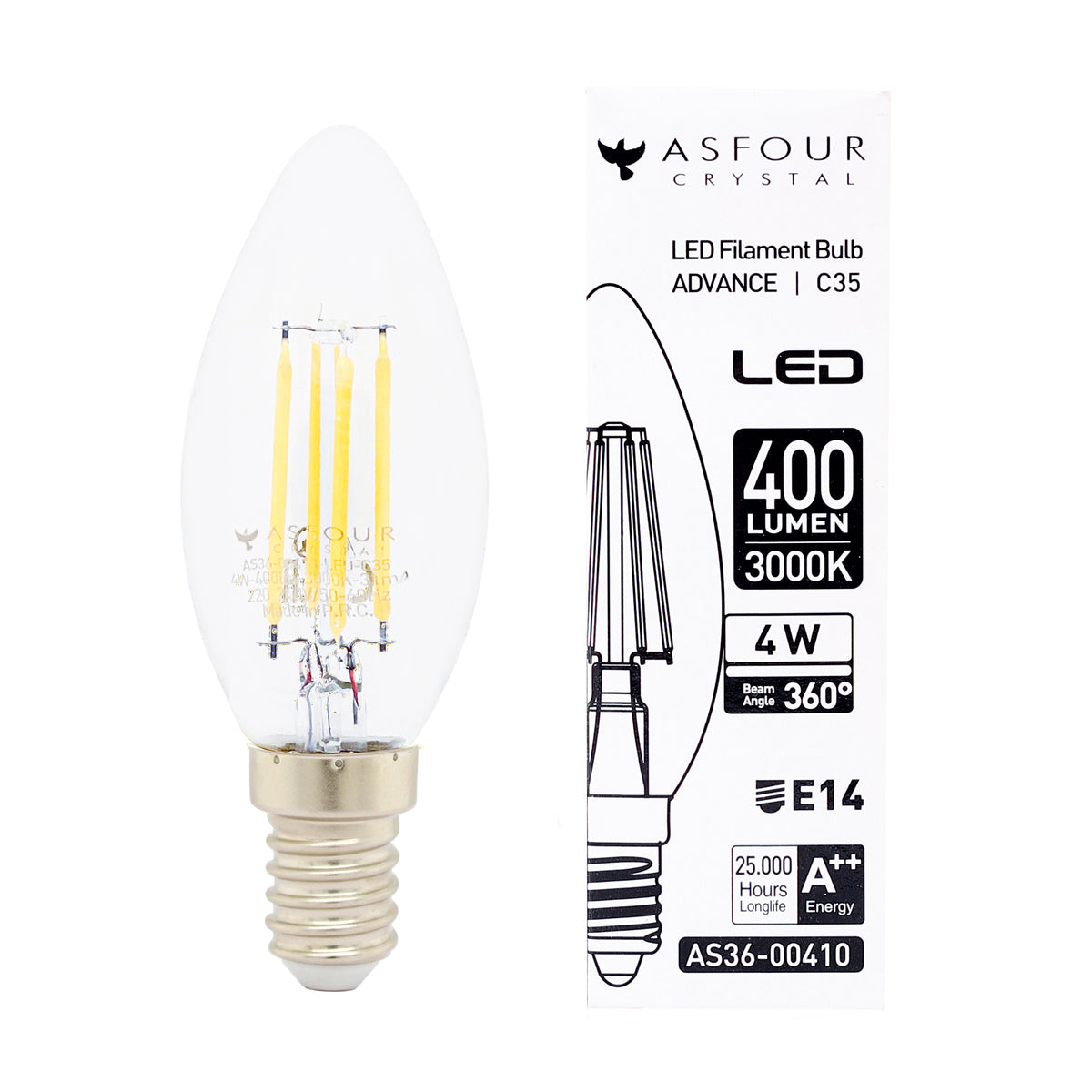 Asfour Led Filament Bulb E14 - Warm Light - 4w (Energy Saver)