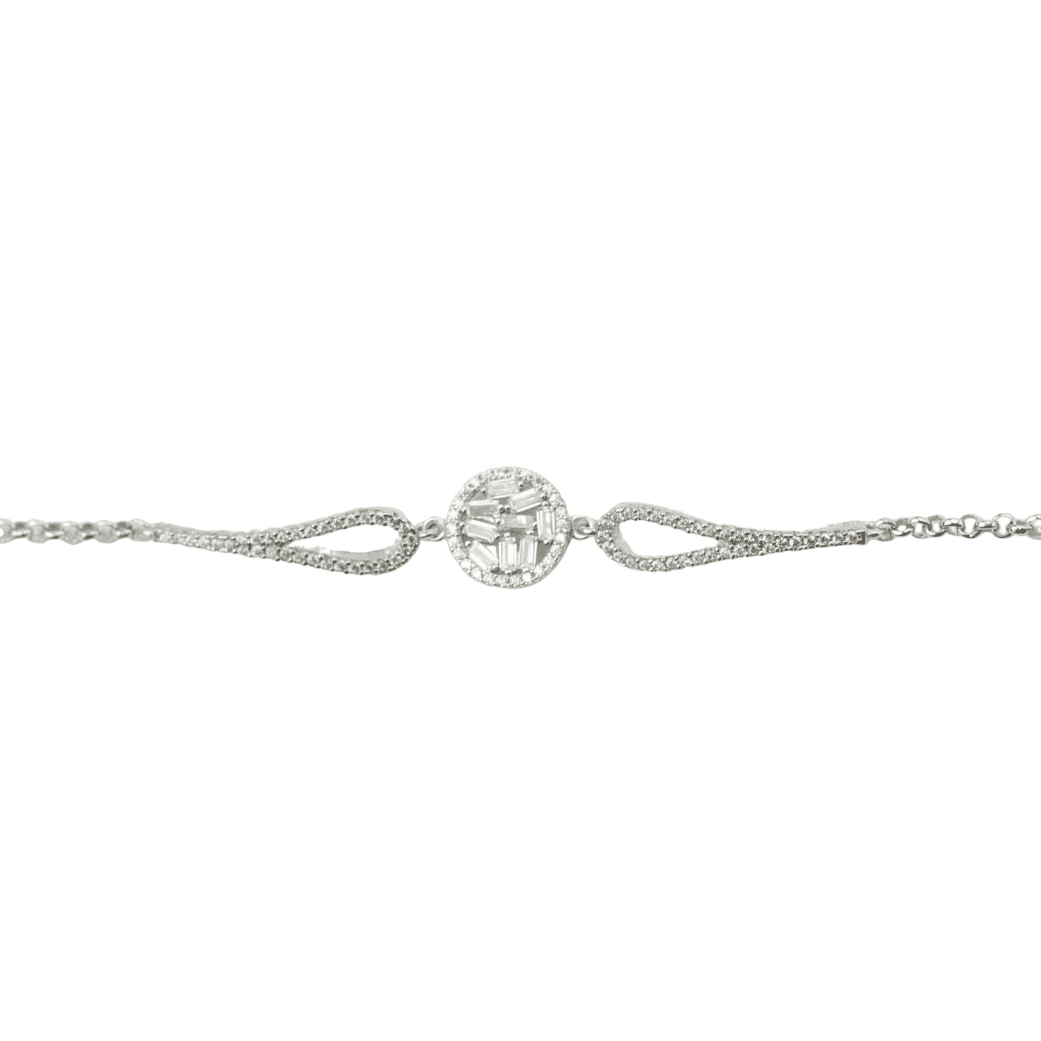 Asfour rectangle + rounded Zircon+Mirror Stone 925 Silver Chain-Bracelet - B1901