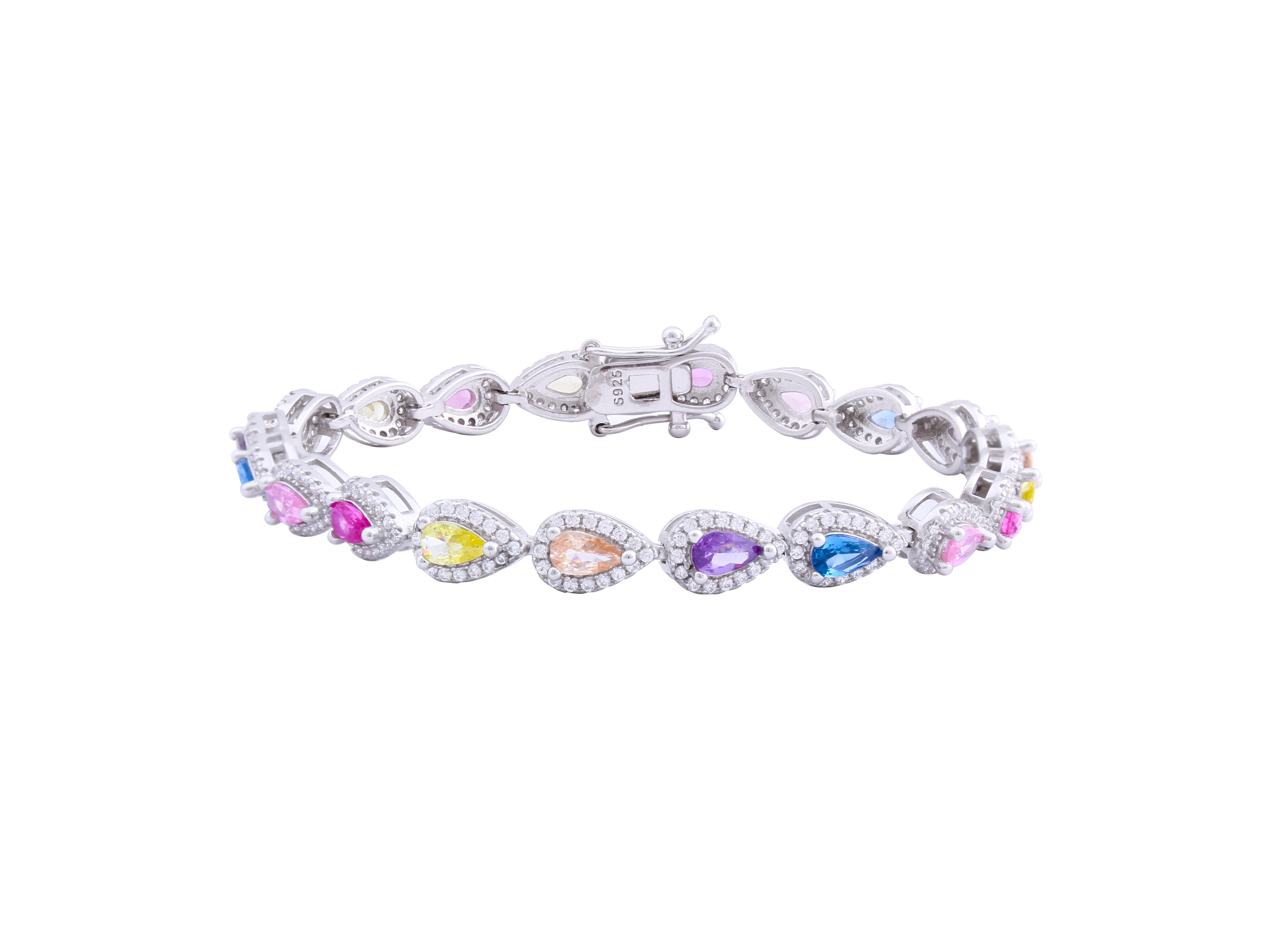 Asfour Tennis Bracelet With Multi Color Pears Stones In 925 Sterling Silver BR0463-K