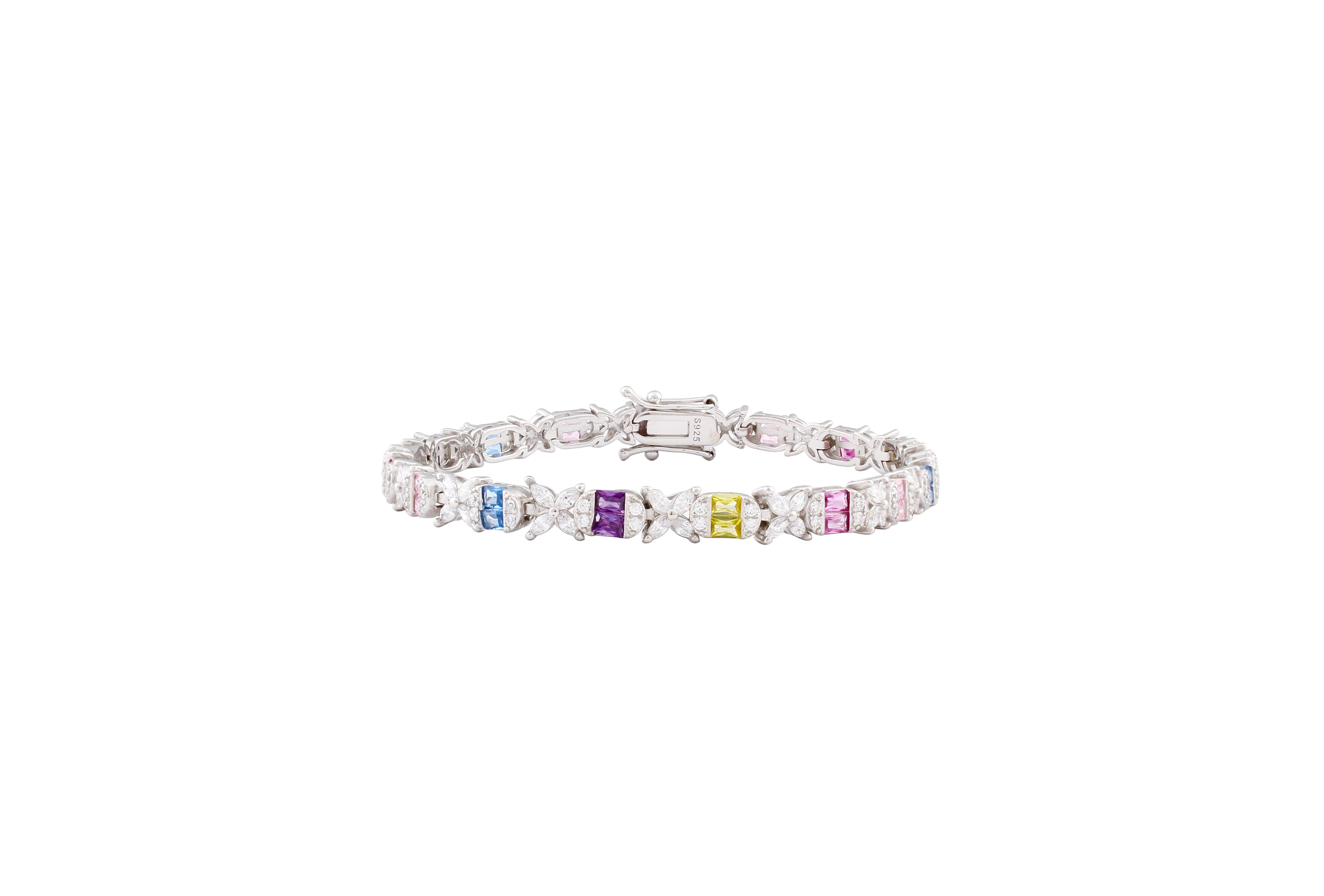 Asfour Tennis Bracelet Inlaid With Multi Color Baguette Stones In 925 Sterling Silver BR0471-K