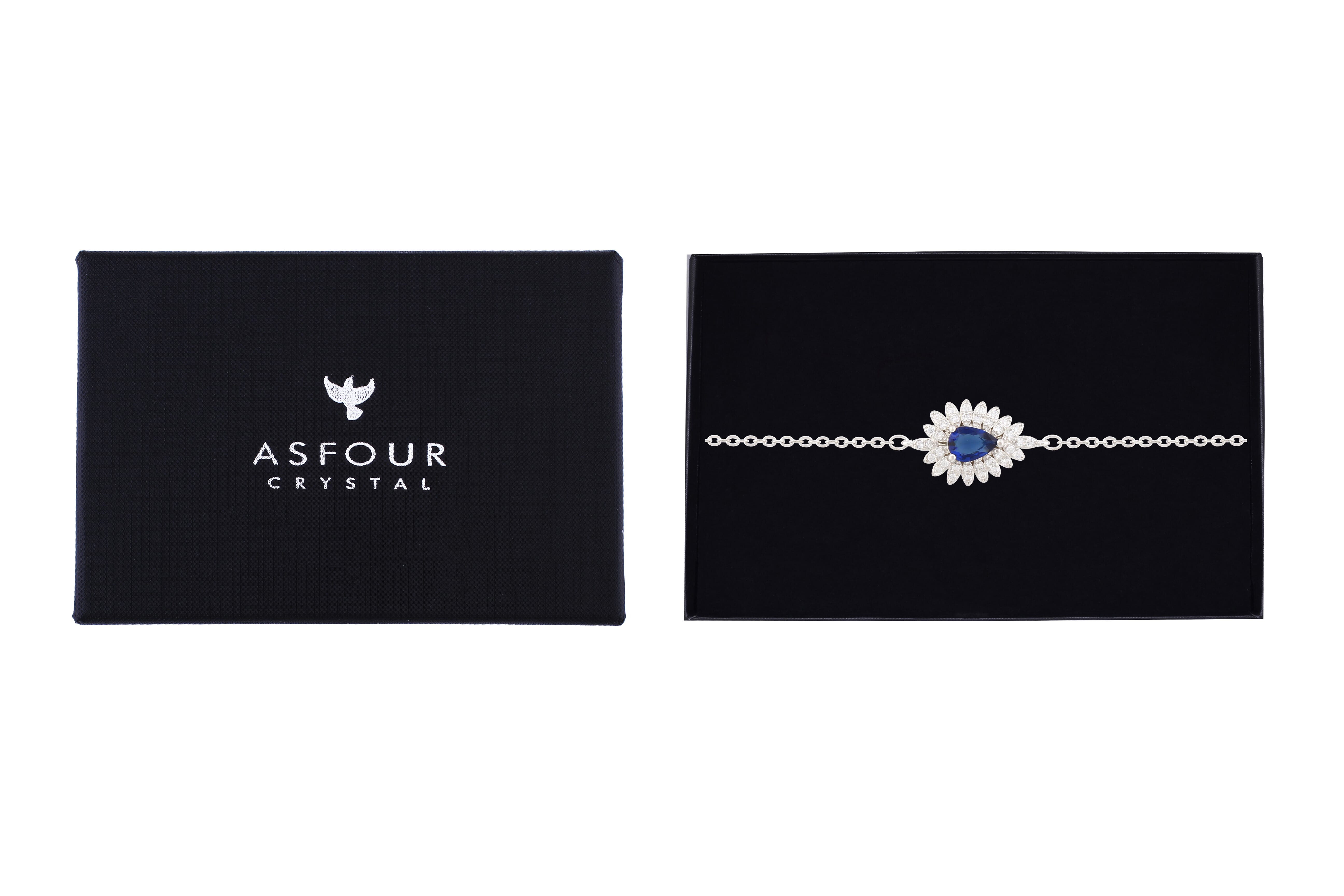 Asfour Crystal Chain Bracelet With Blue Pear Design In 925 Sterling Silver BR0508-WB