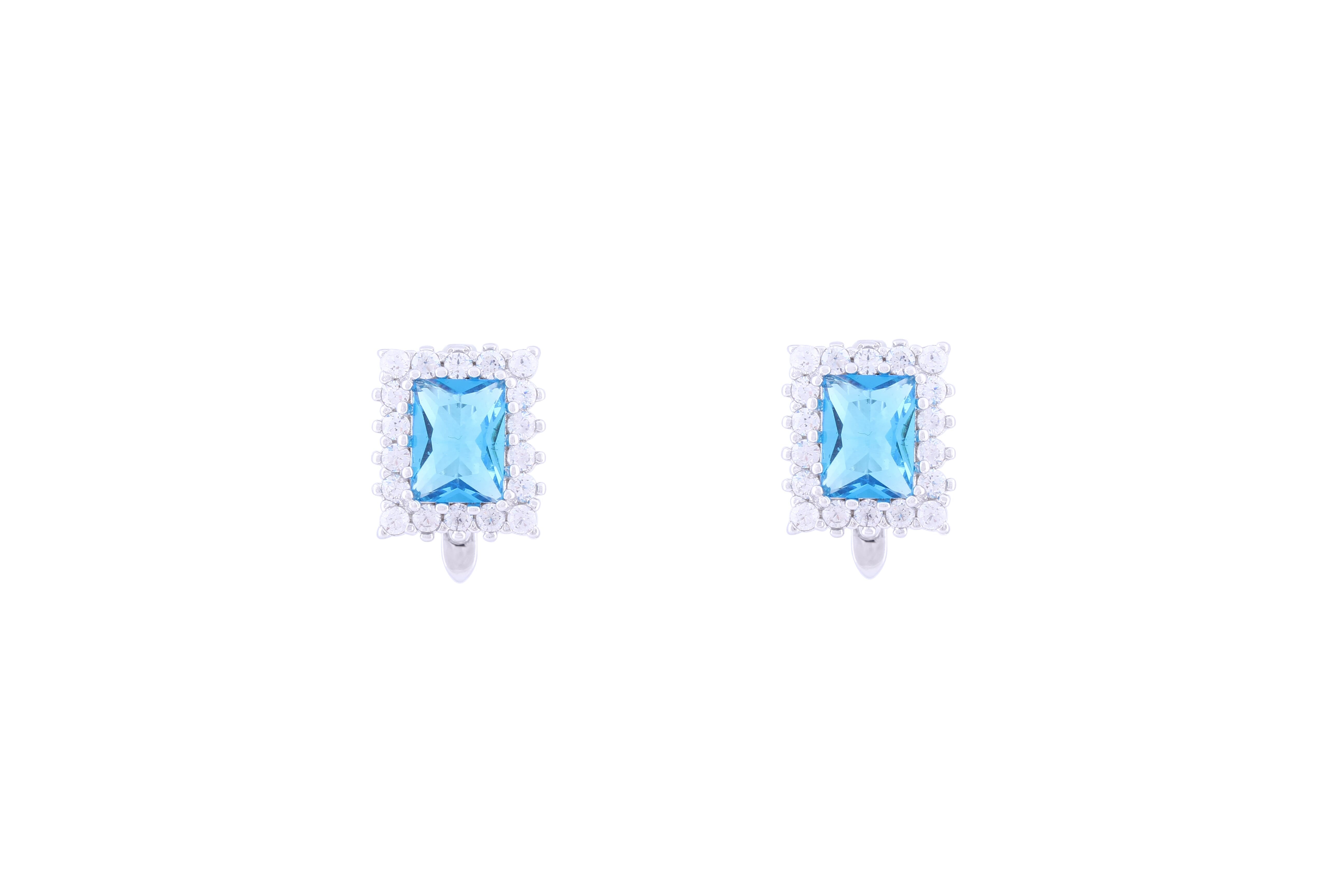 Asfour Crystal Clips Earrings with Aquamarine Rectangle Design in 925 Sterling Silver ER0341-M