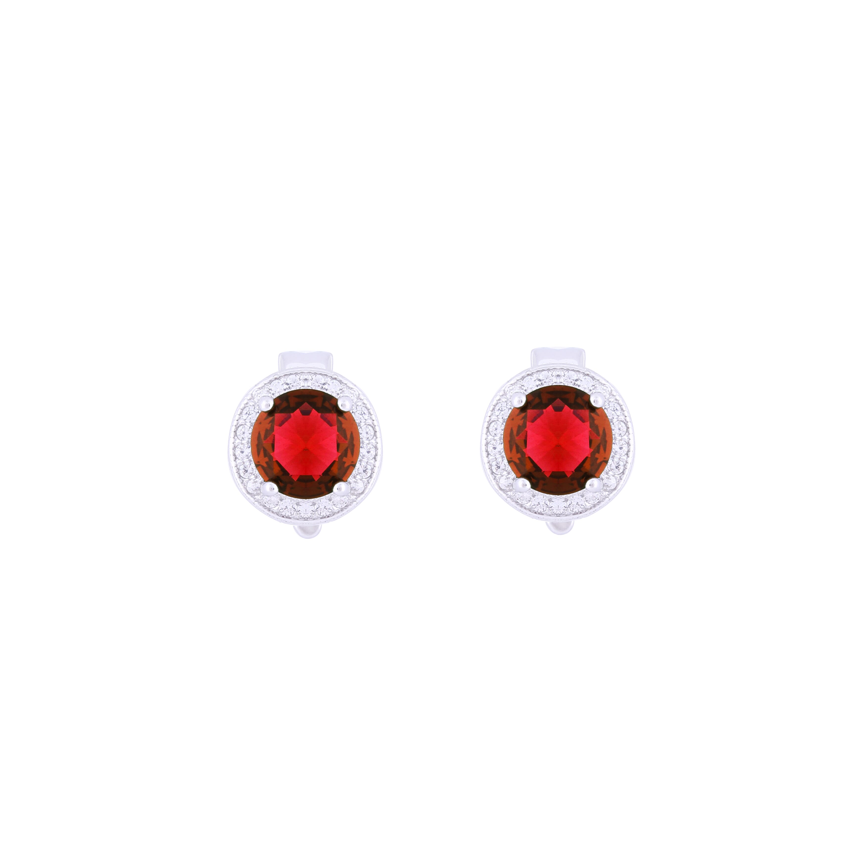 Asfour Crystal 925 Sterling Silver Clips Earrings with Red Round Stones