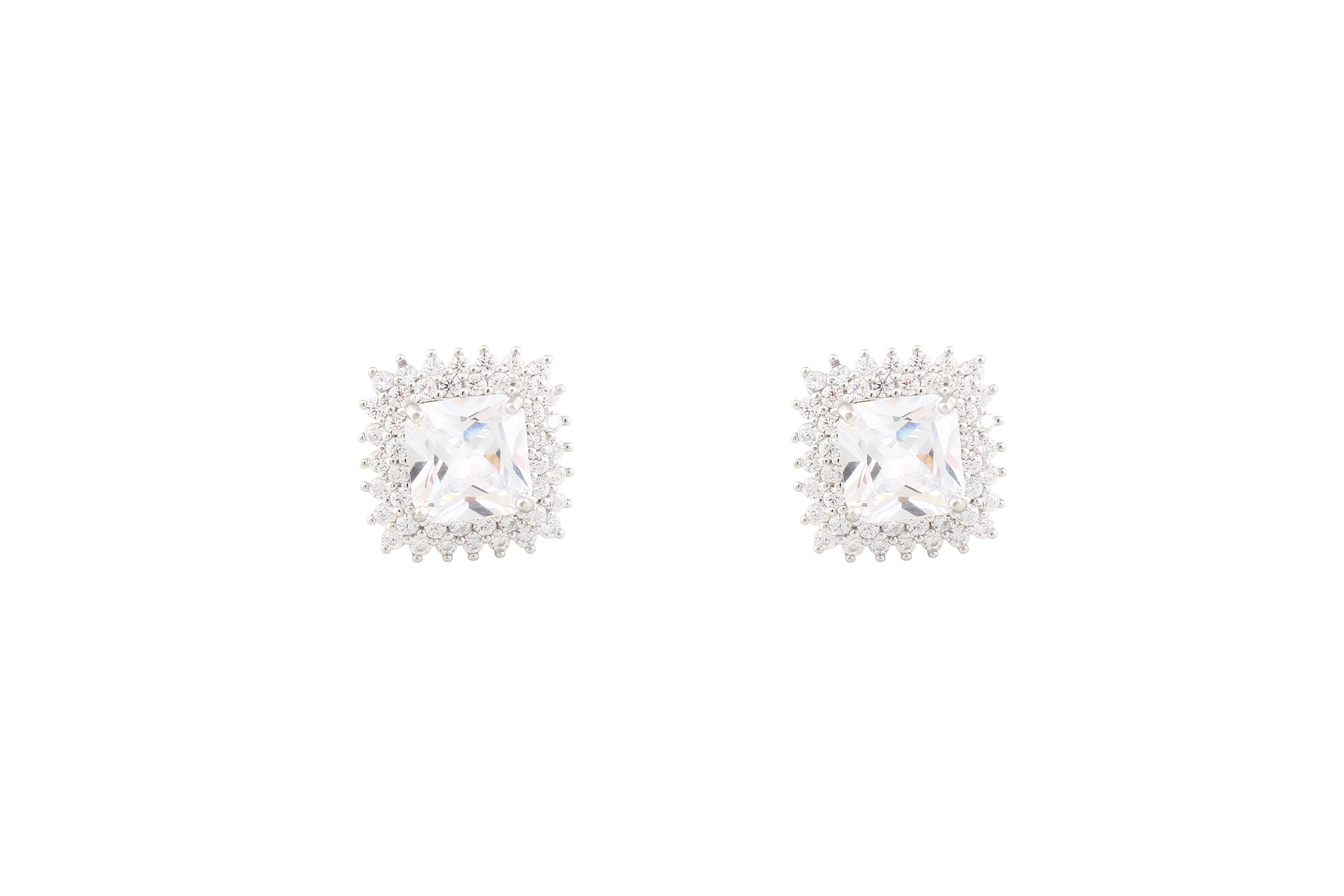 Asfour Crystal Halo Stud Earrings With Cushion Cut Zircon Stone In 925 Sterling Silver ER0427-W