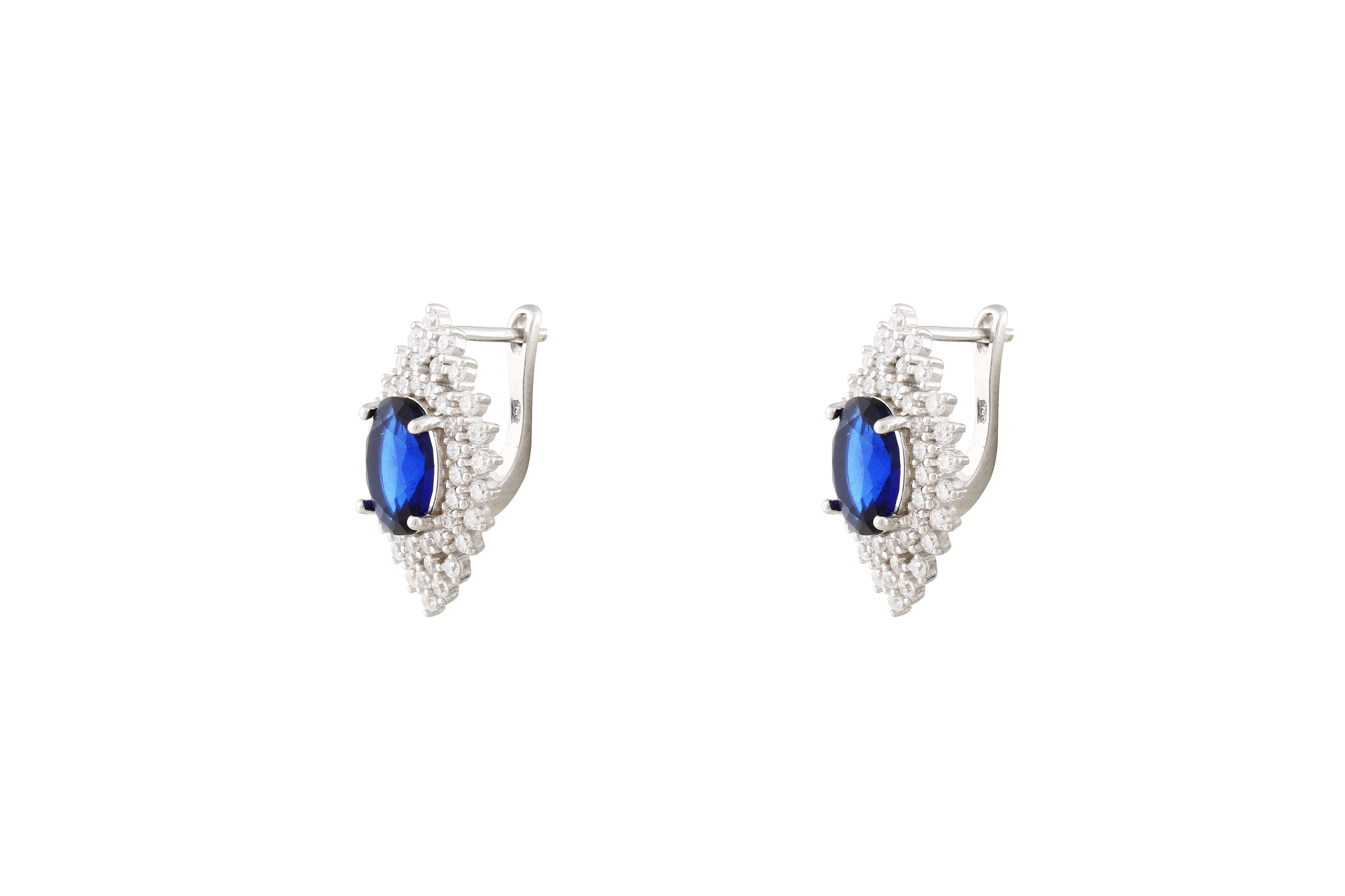 Asfour Crystal Halo Earrings With Blue Oval Design In 925 Sterling Silver ER0431-B