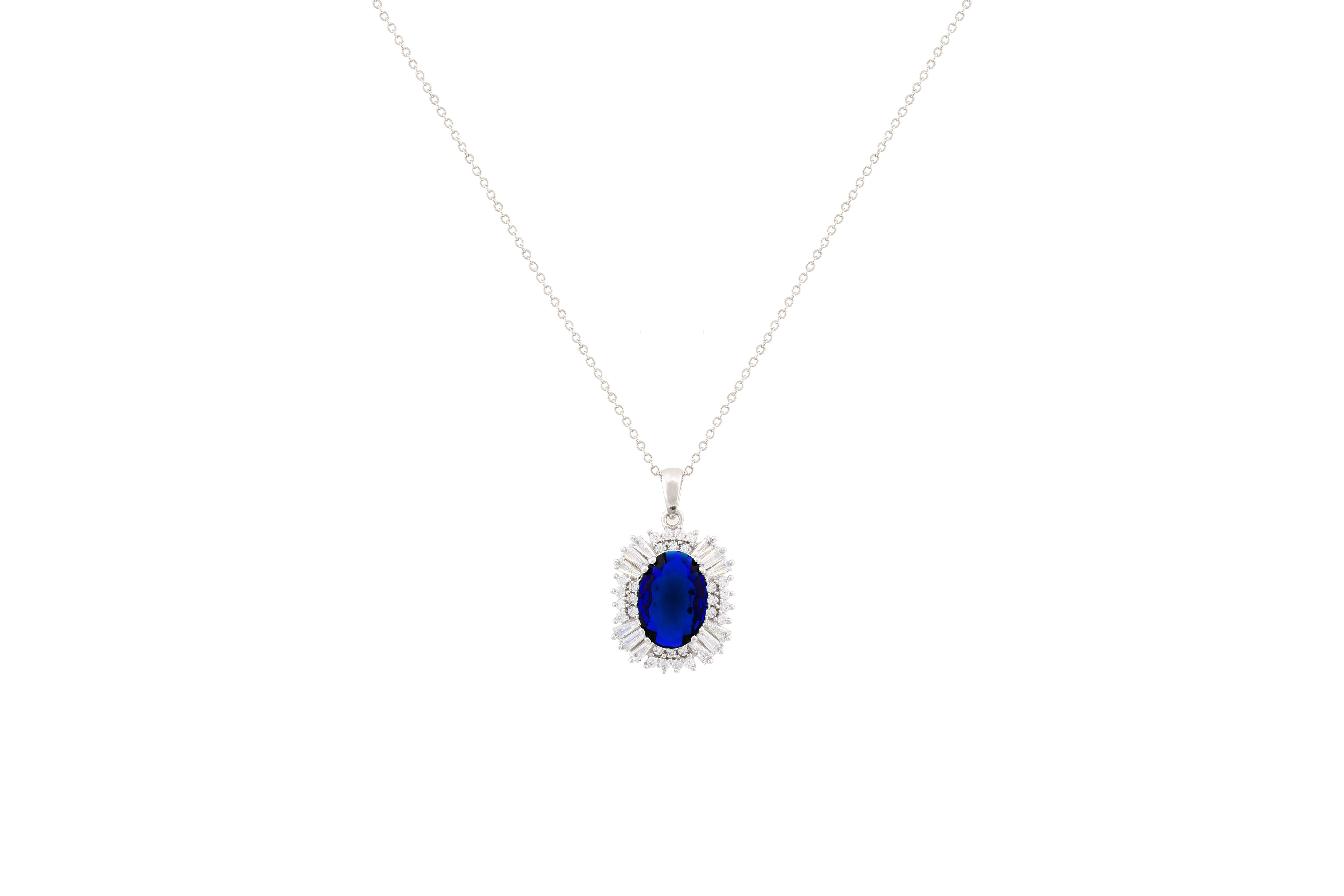 Asfour Crystal Chain Necklace With Blue Oval Pendant In 925 Sterling Silver NA0001-WB