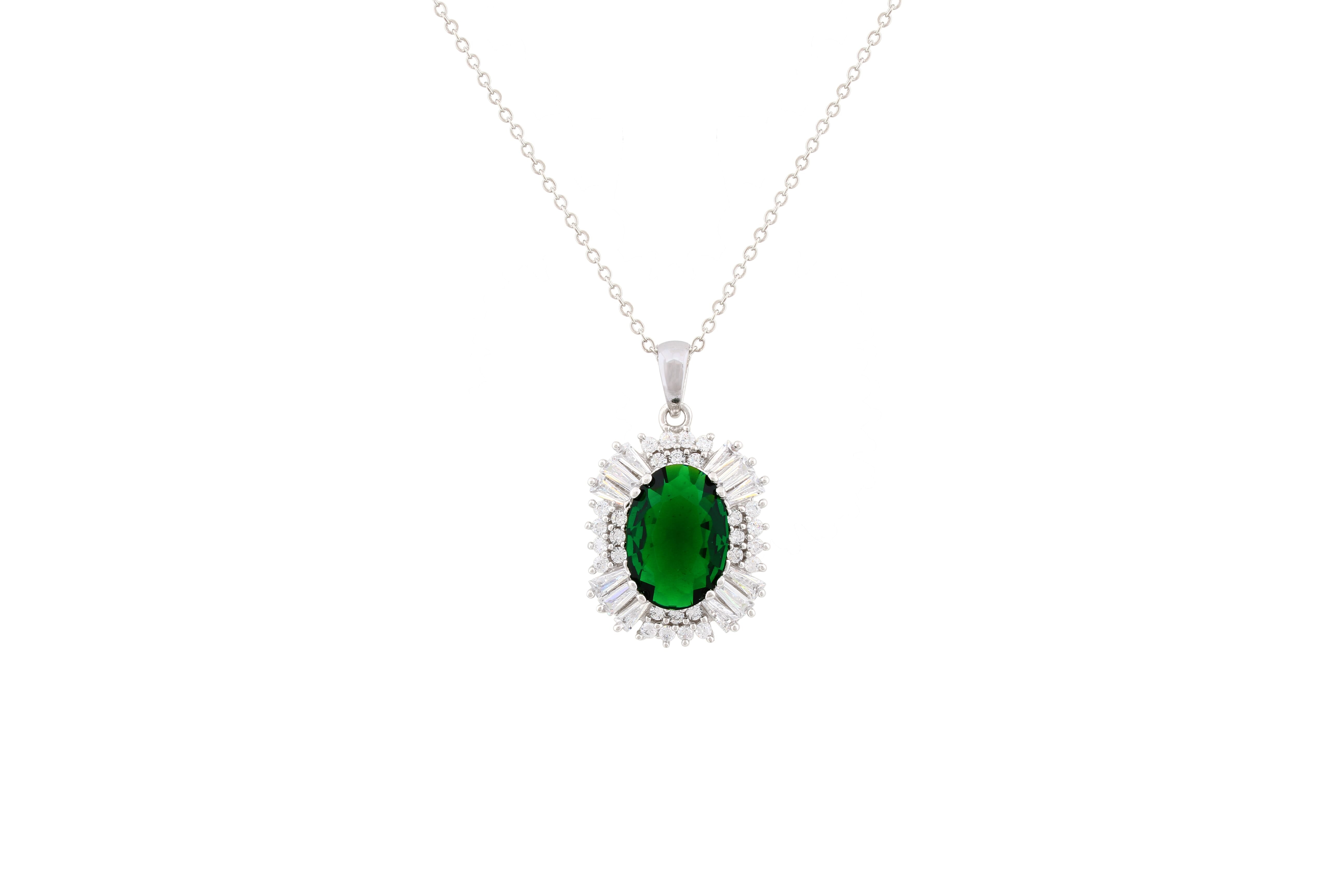 Asfour Crystal Chain Necklace With Green Oval Pendant In 925 Sterling Silver NA0001-WG