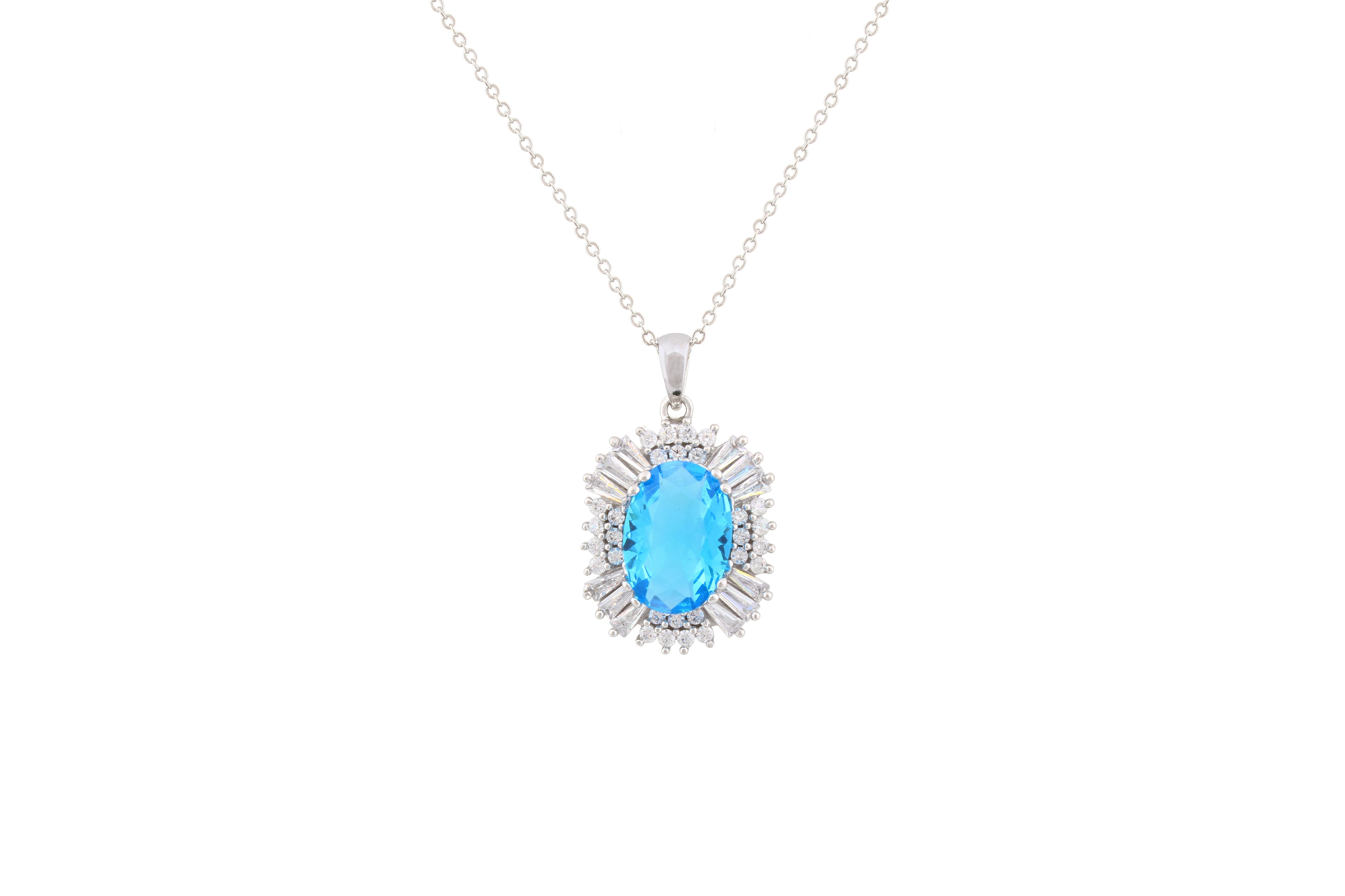 Asfour Crystal Chain Necklace With Aquamarine Oval Pendant In 925 Sterling Silver NA0001-WM