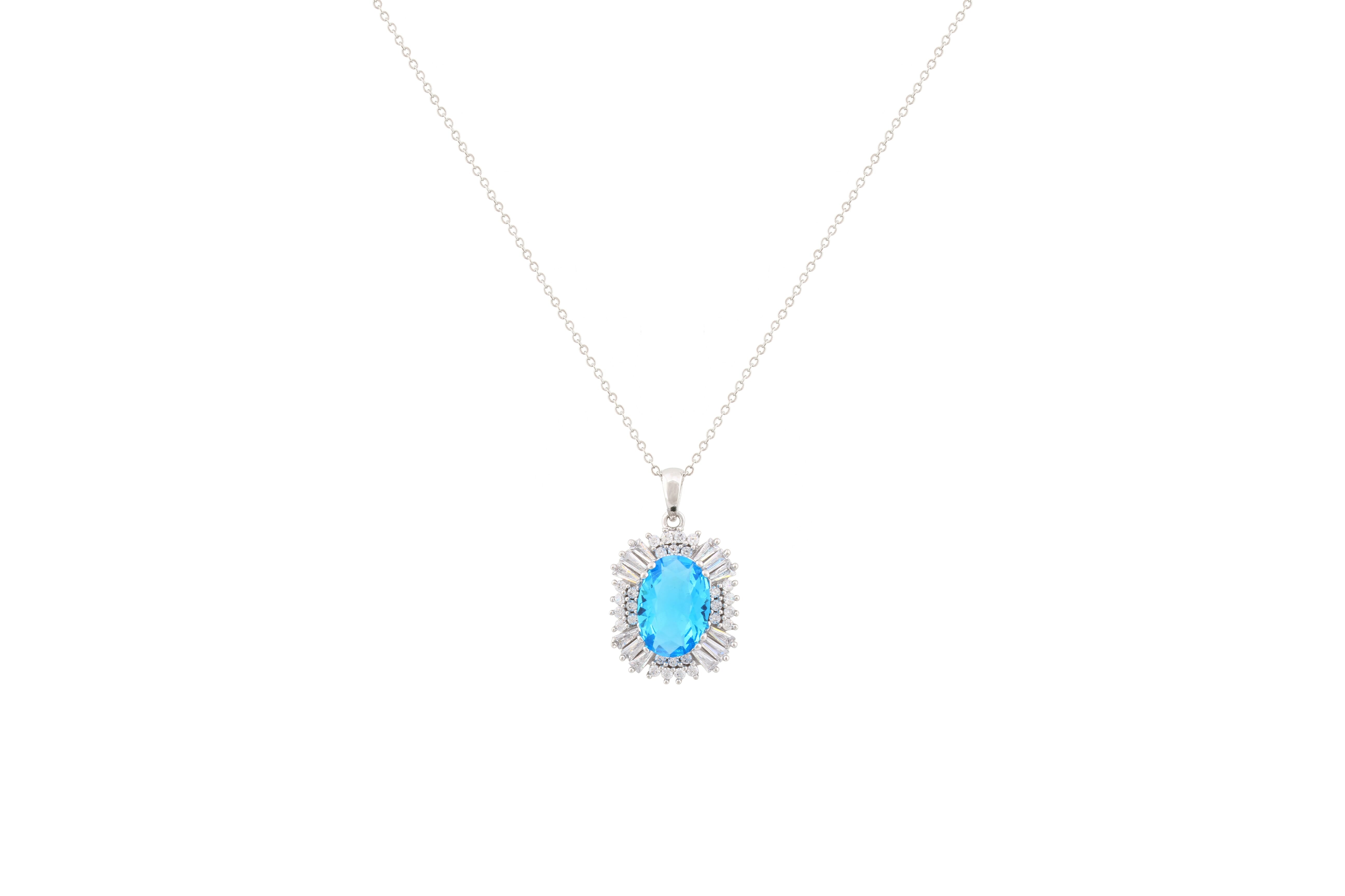 Asfour Crystal Chain Necklace With Aquamarine Oval Pendant In 925 Sterling Silver NA0001-WM