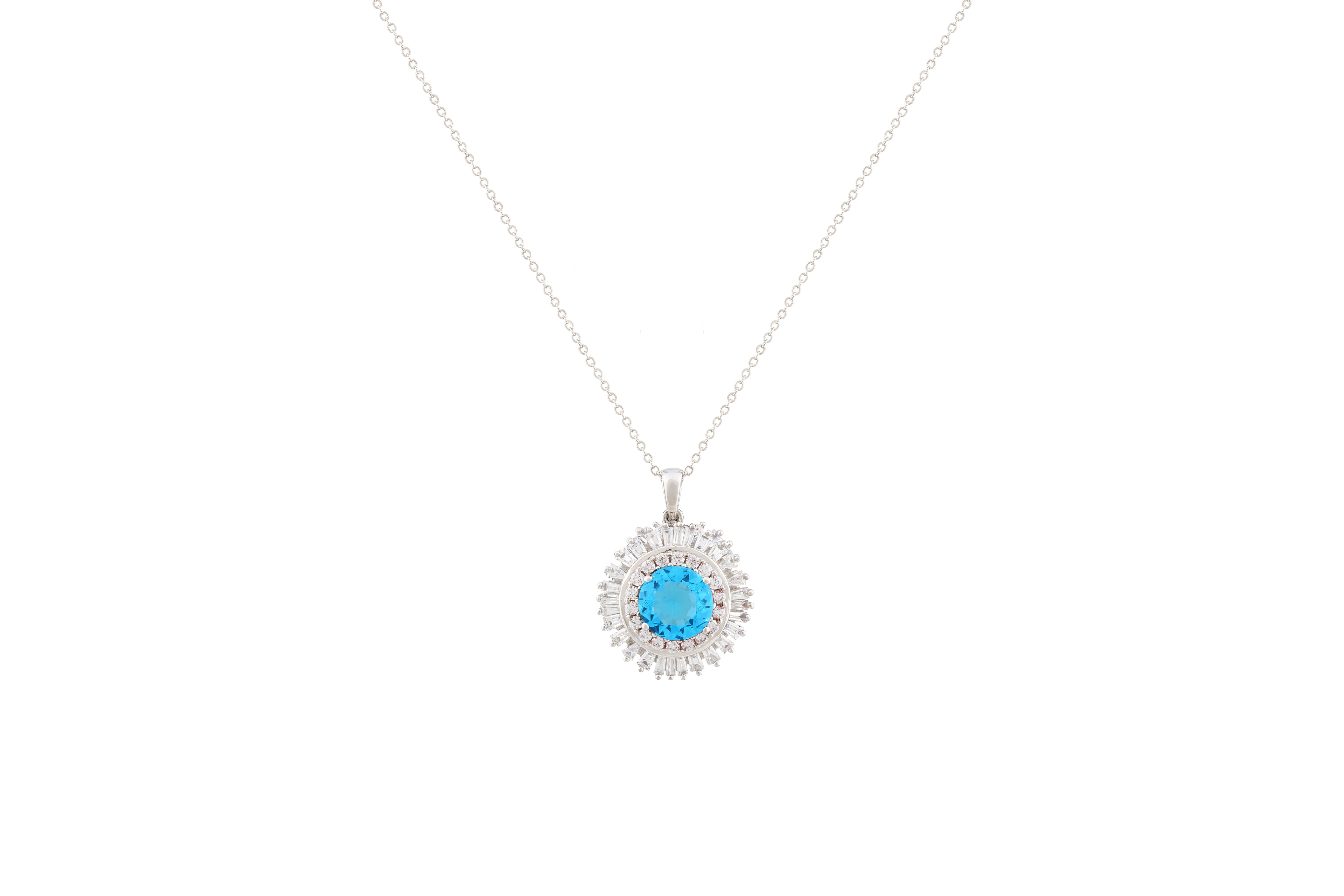 Asfour Crystal Chain Necklace With Aquamarine Round Pendant In 925 Sterling Silver NA0002-WM