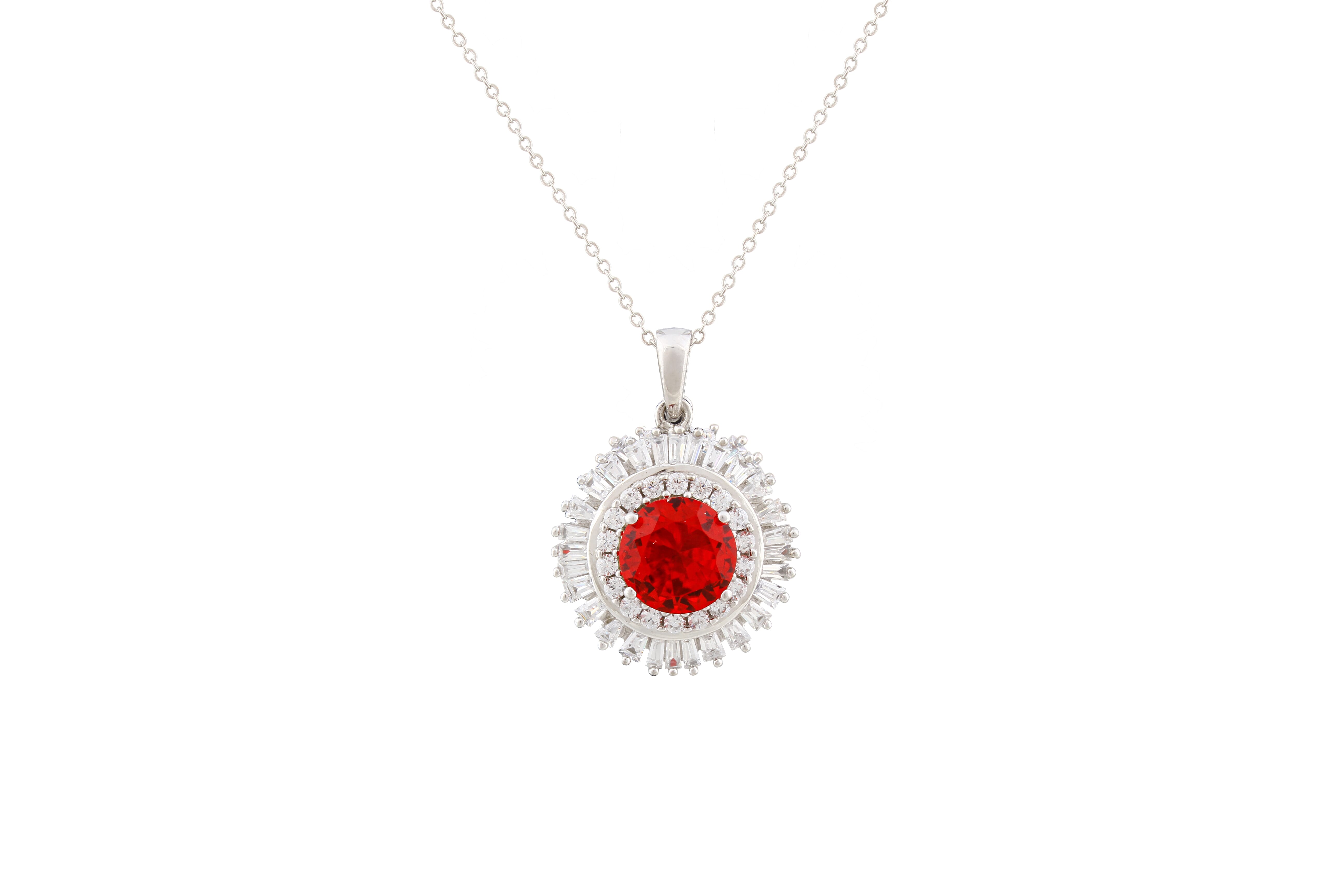 Asfour Crystal Chain Necklace With Red Round Pendant In 925 Sterling Silver NA0002-WR