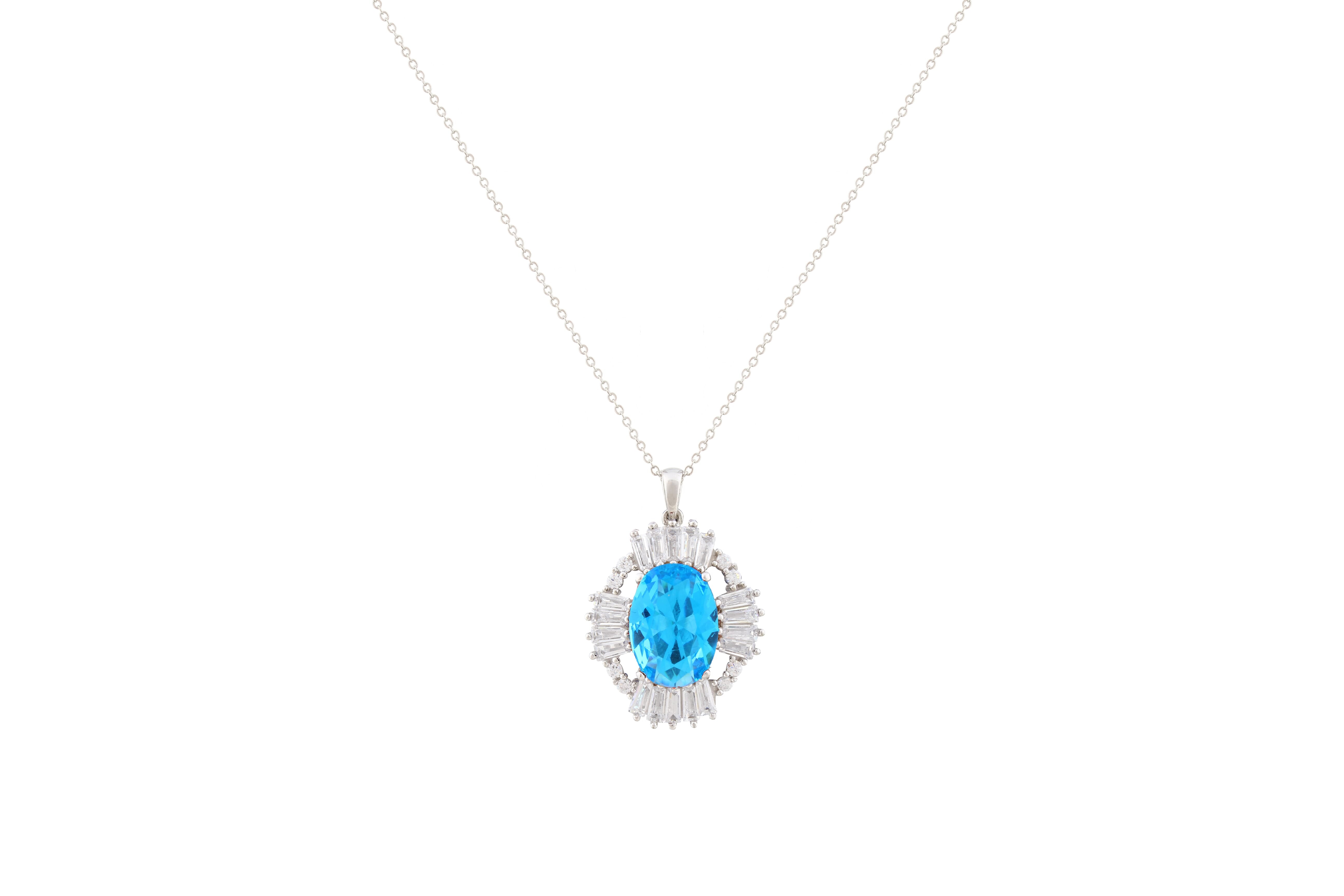 Asfour Crystal Chain Necklace With Aquamarine Oval Pendant In 925 Sterling Silver NA0003-WM
