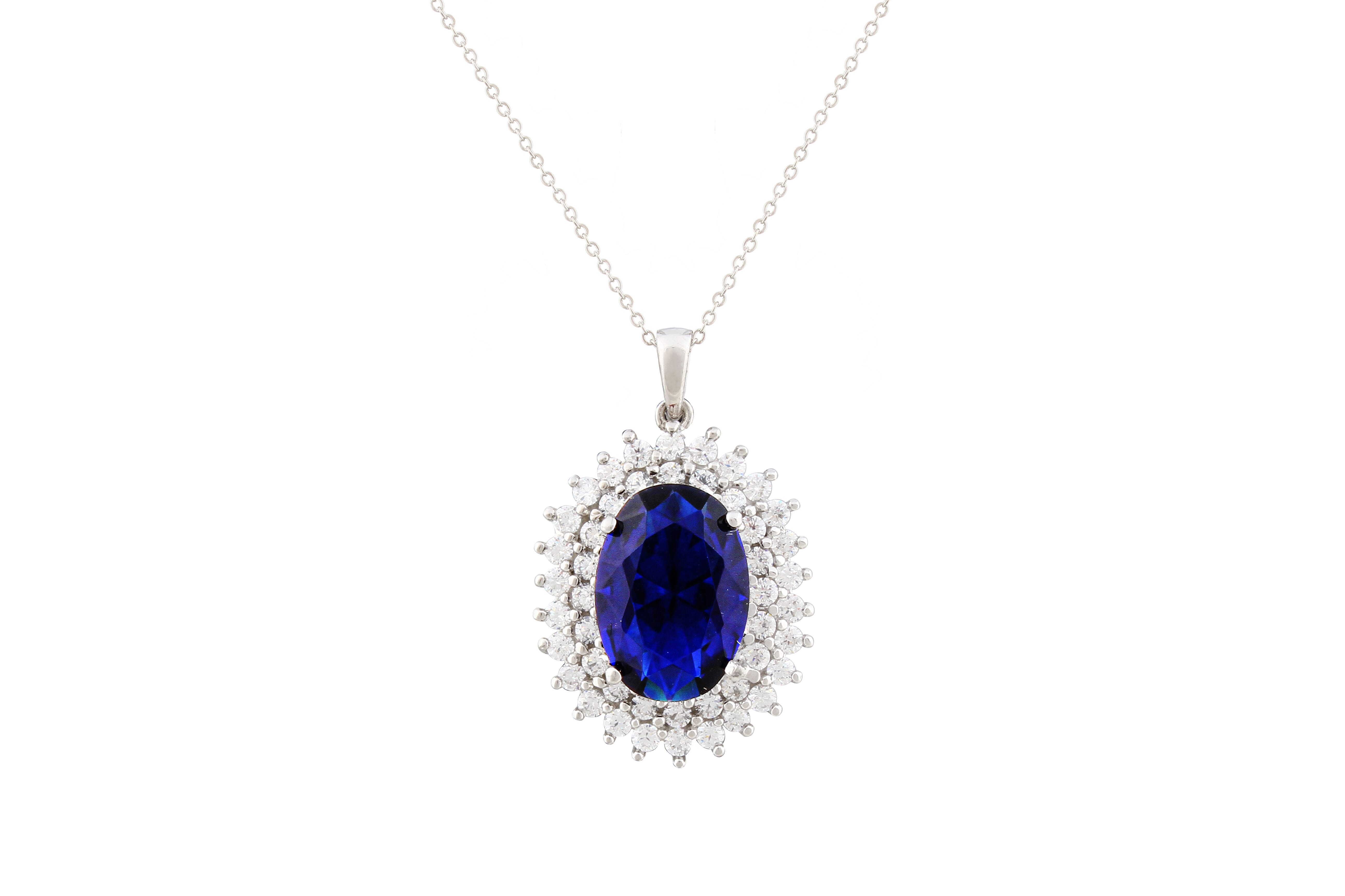 Asfour Crystal Chain Necklace With Blue Oval Pendant In 925 Sterling Silver NA0004-WB