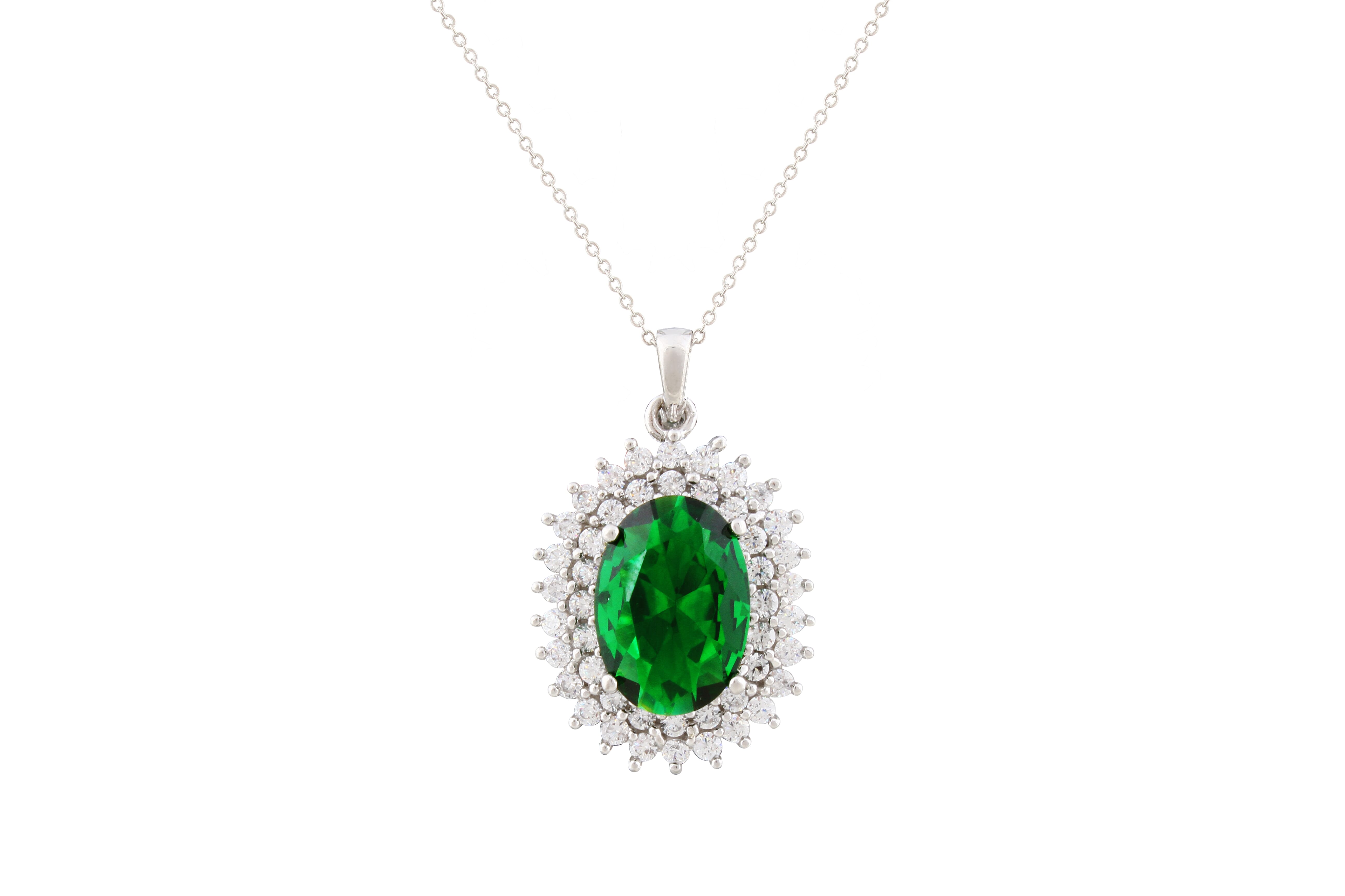 Asfour Crystal Chain Necklace With Green Oval Pendant In 925 Sterling Silver NA0004-WG