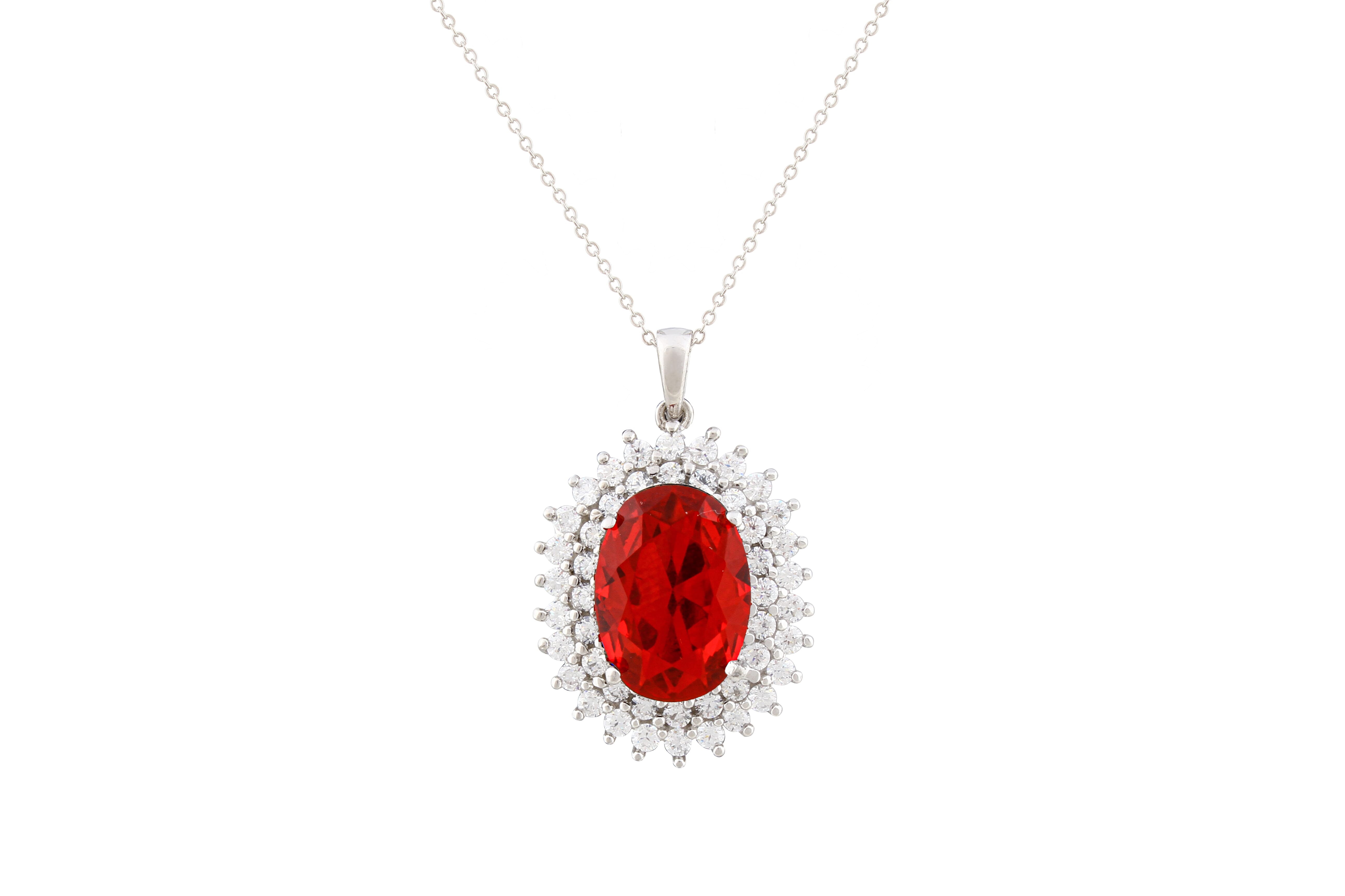 Asfour Crystal Chain Necklace With Red Oval Pendant In 925 Sterling Silver NA0004-WR