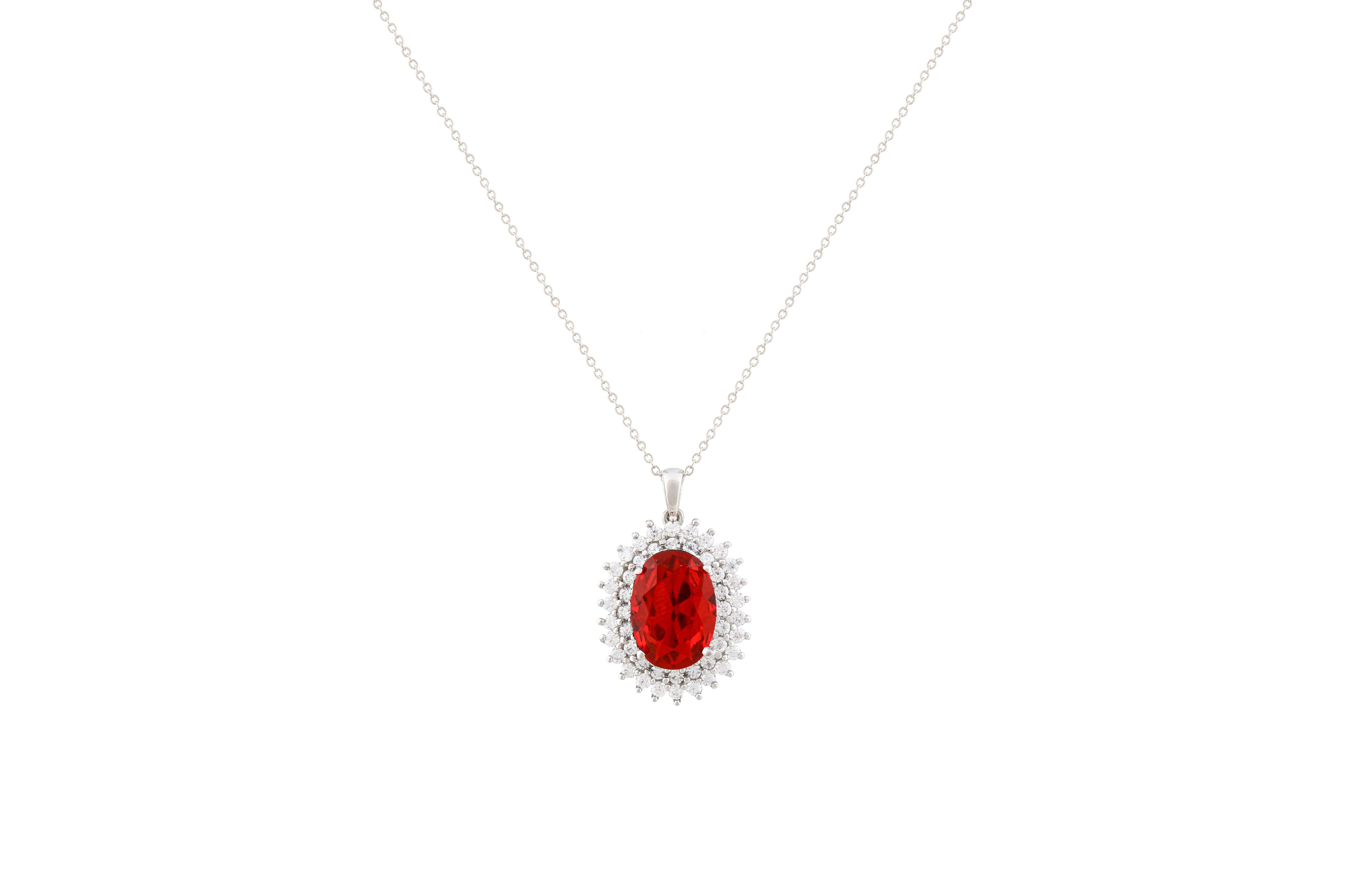 Asfour Crystal Chain Necklace With Red Oval Pendant In 925 Sterling Silver NA0004-WR
