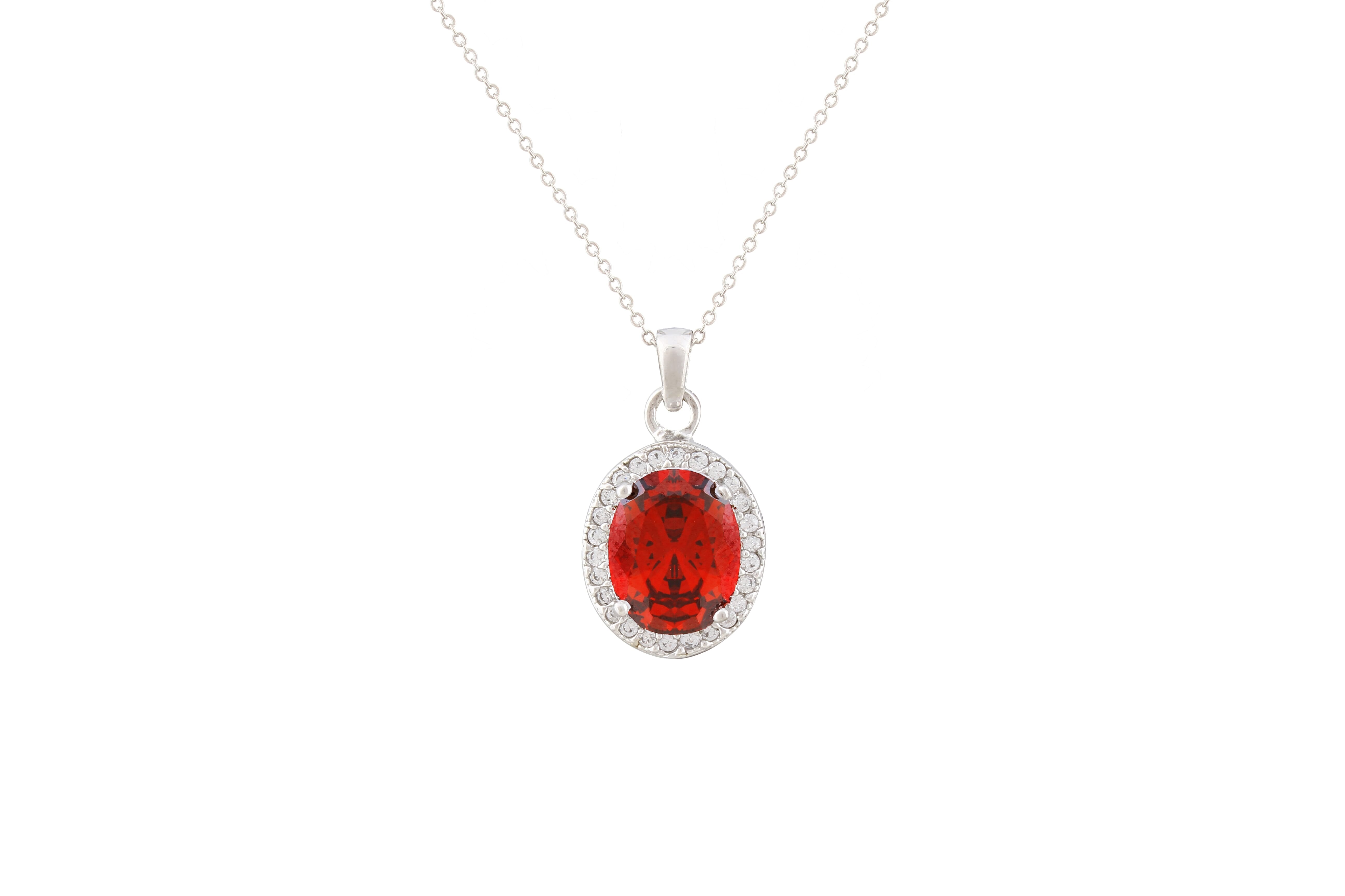 Asfour Crystal Chain Necklace With Red Oval Pendant In 925 Sterling Silver NA0005-R