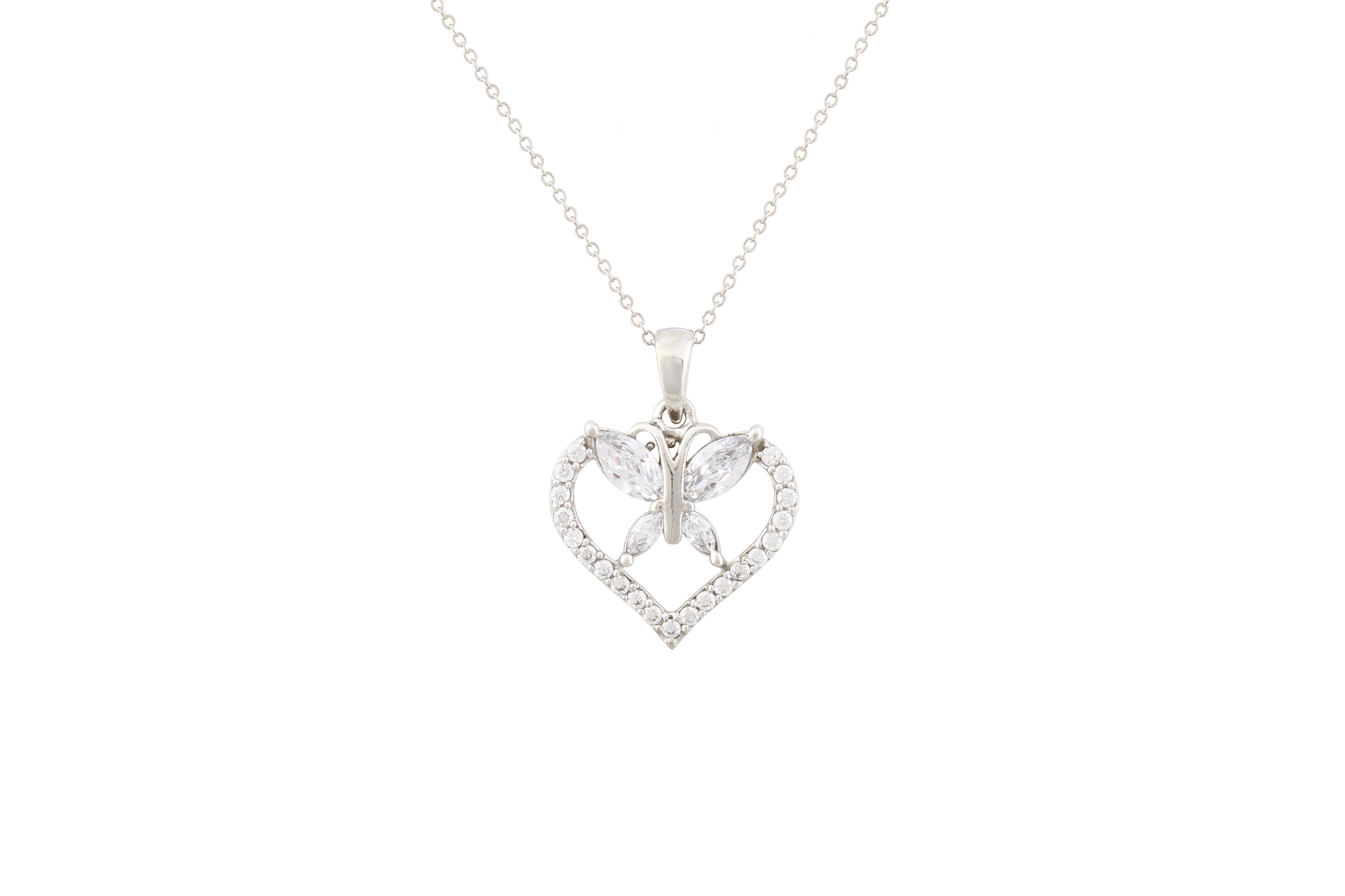 Asfour Crystal Chain Necklace With Heart Pendant In 925 Sterling Silver NA0006-W