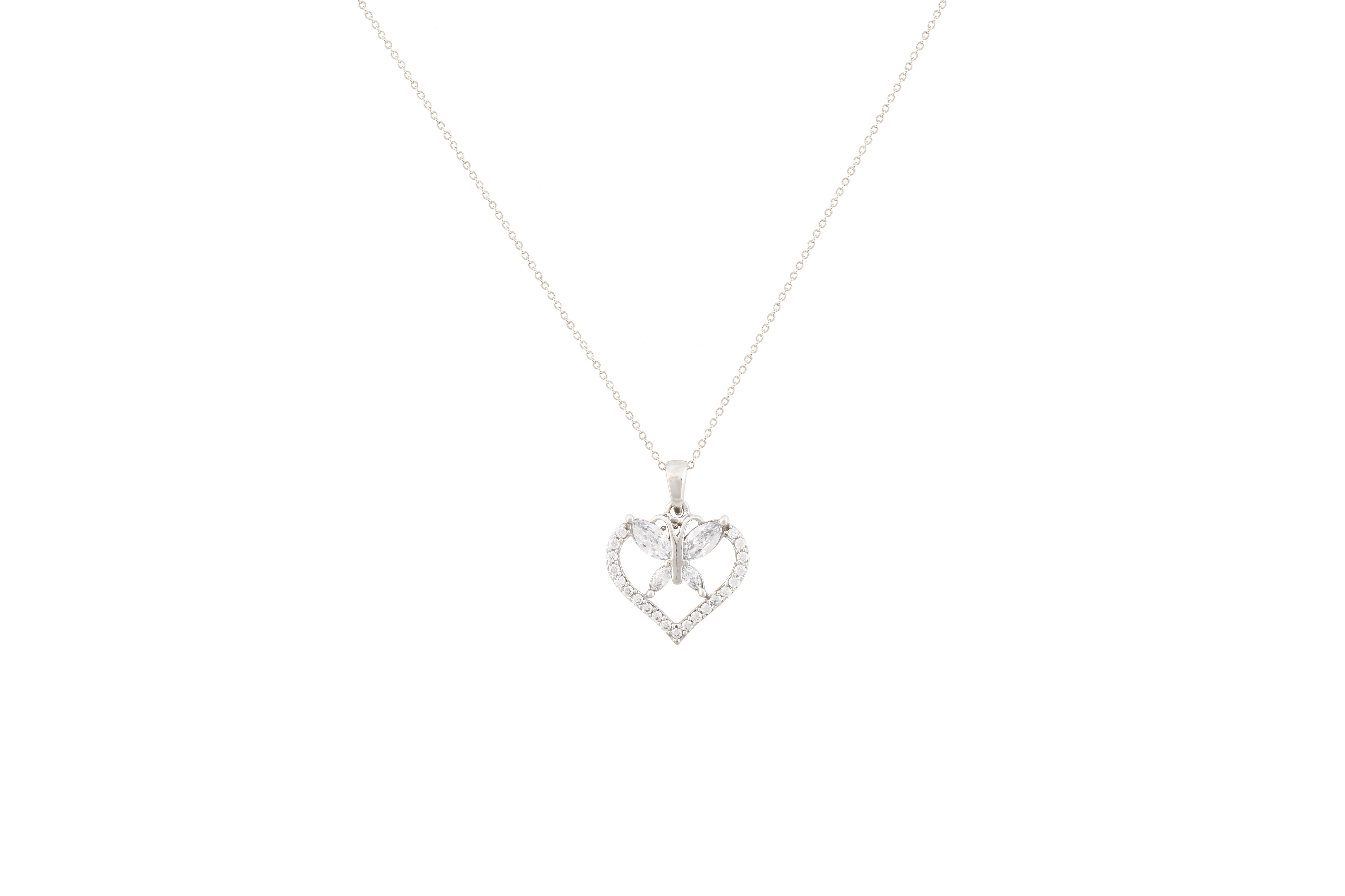 Asfour Crystal Chain Necklace With Heart Pendant In 925 Sterling Silver NA0006-W