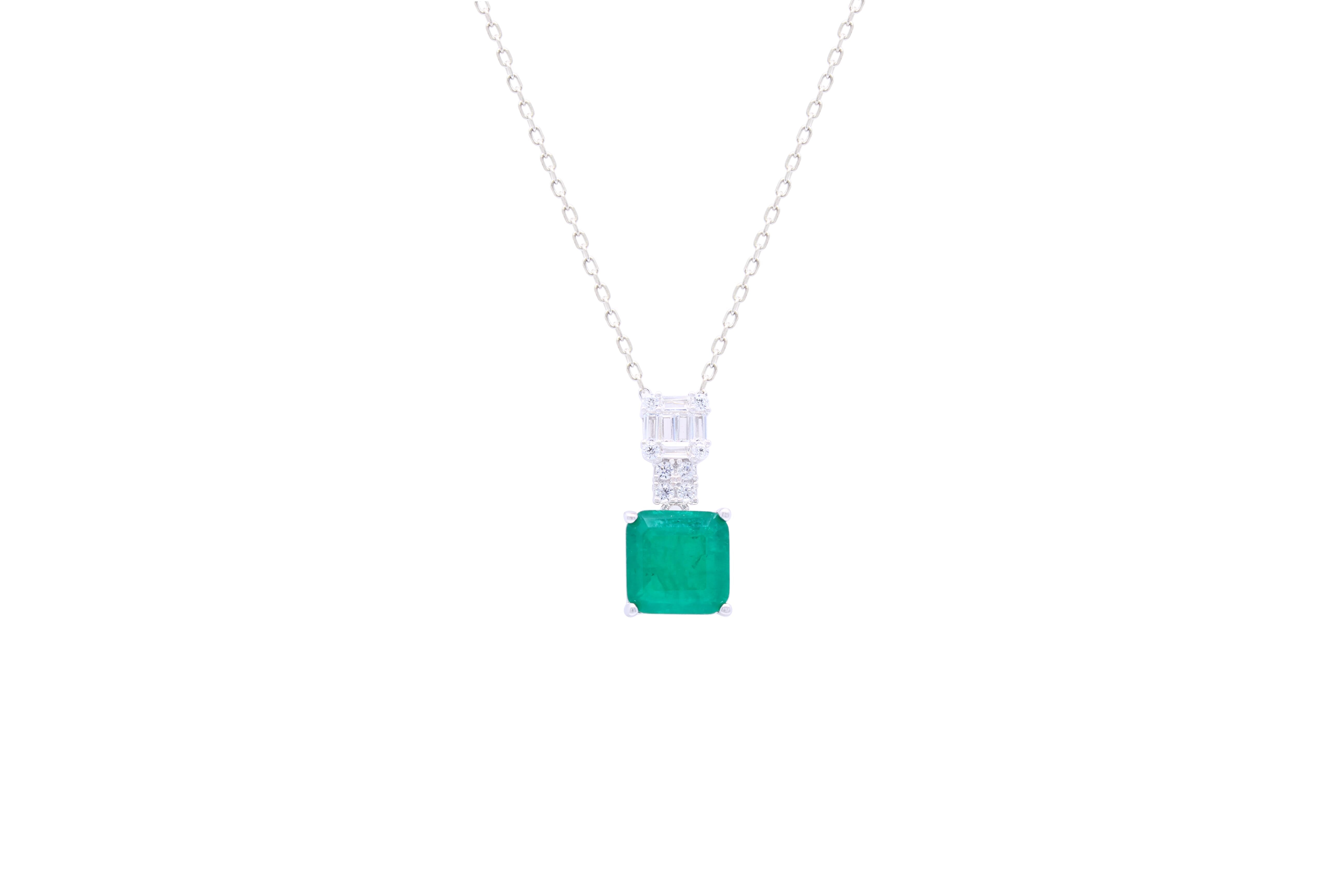Asfour Crystal Chain Necklace With Green Square Pendant In 925 Sterling Silver ND0030-G