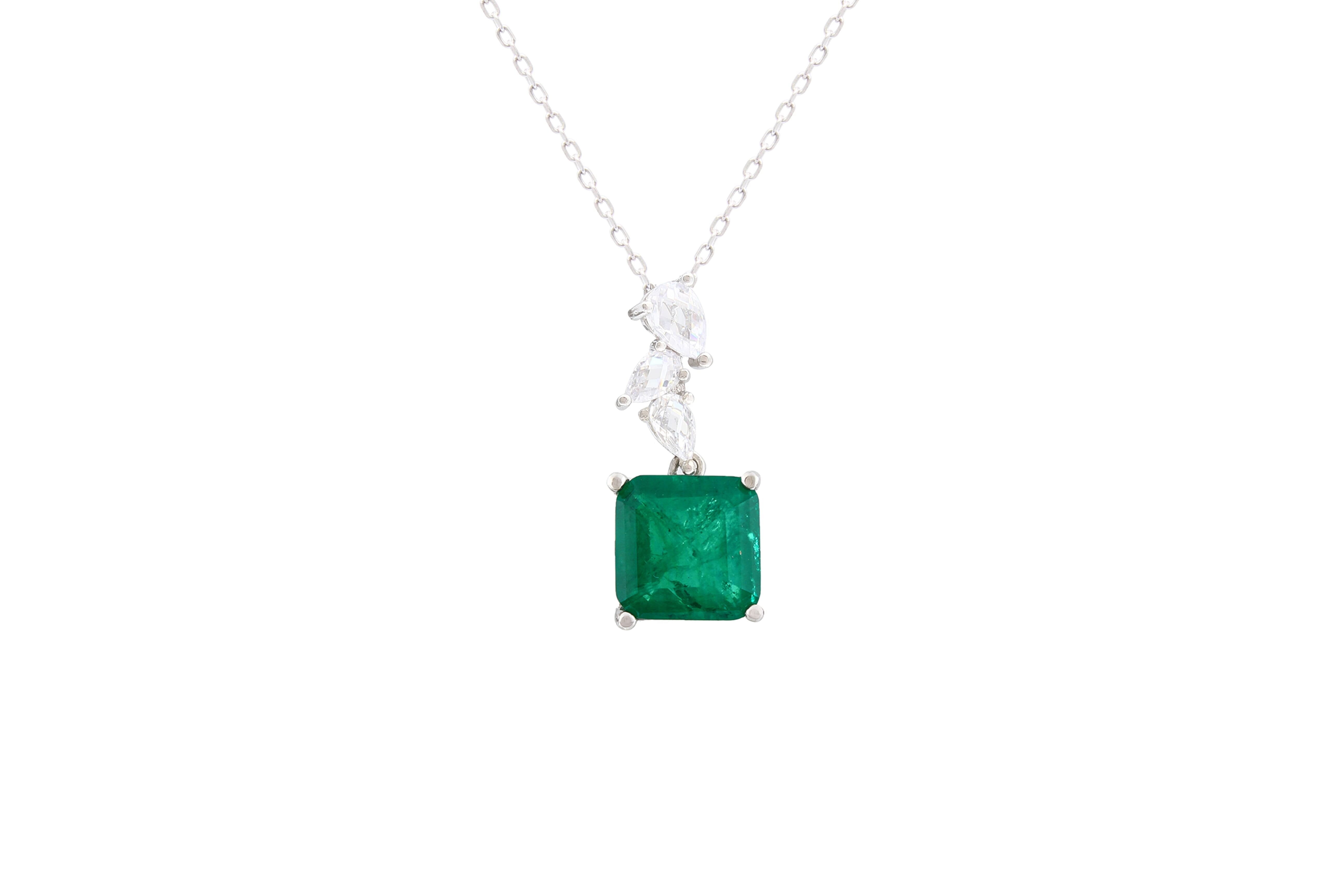 Asfour Crystal Chain Necklace With Asscher Emerald Zircon Stone In 925 Sterling Silver ND0037-G