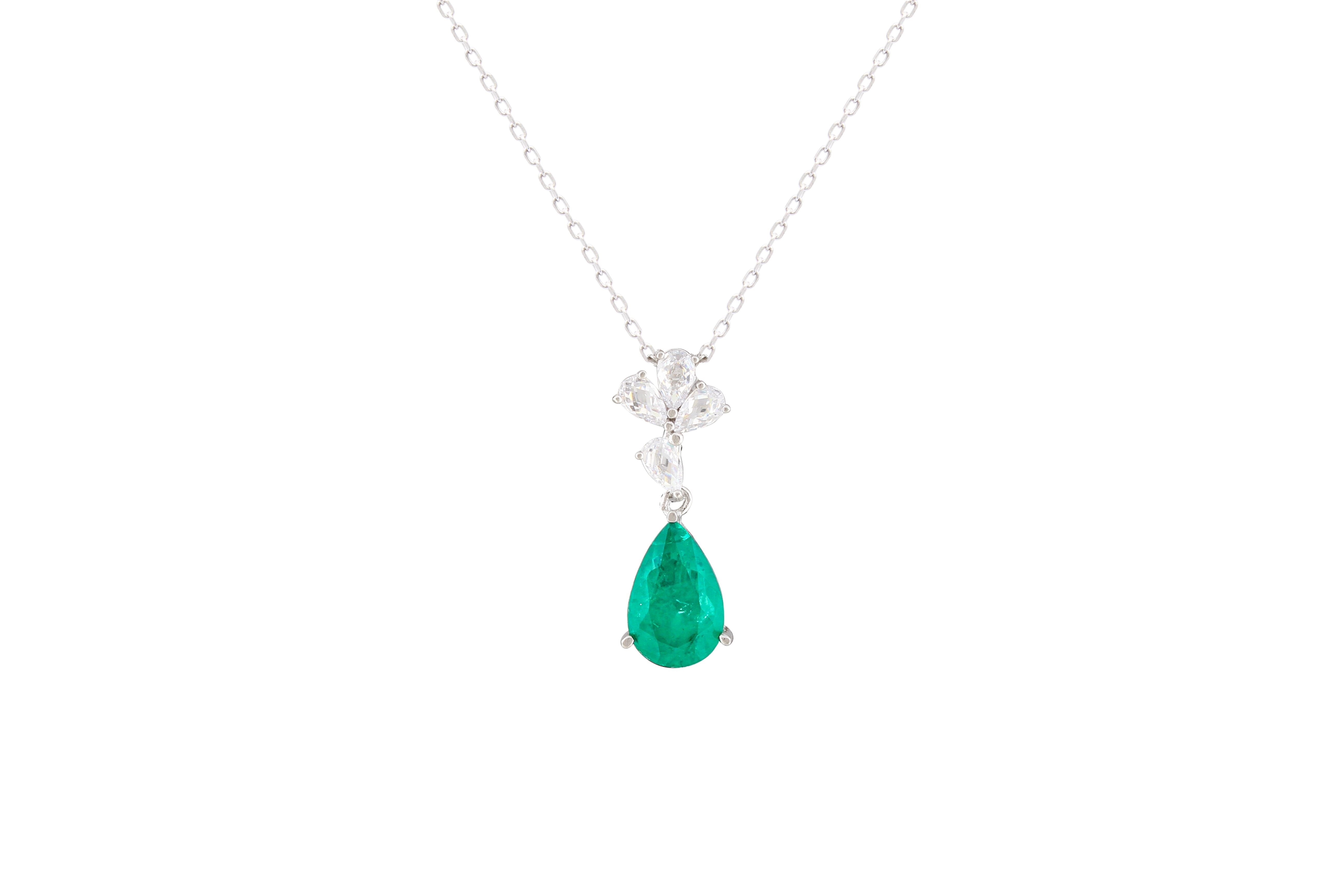 Asfour Crystal Chain Necklace With Emerald Pear Zircon Pendant In 925 Sterling Silver ND0041-G