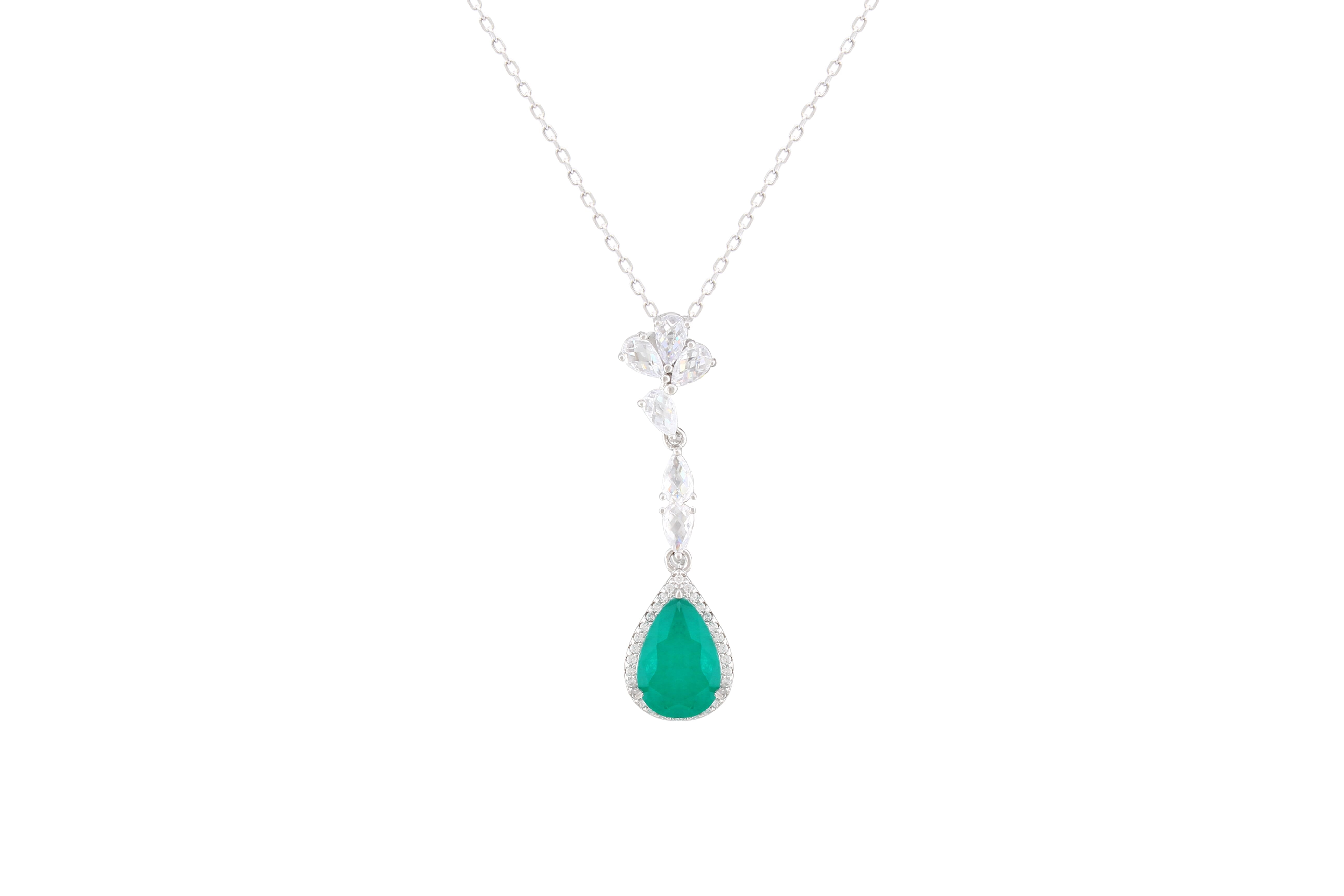 Asfour Crystal Chain Necklace With Emerald Pear Zircon Pendant In 925 Sterling Silver ND0043-G