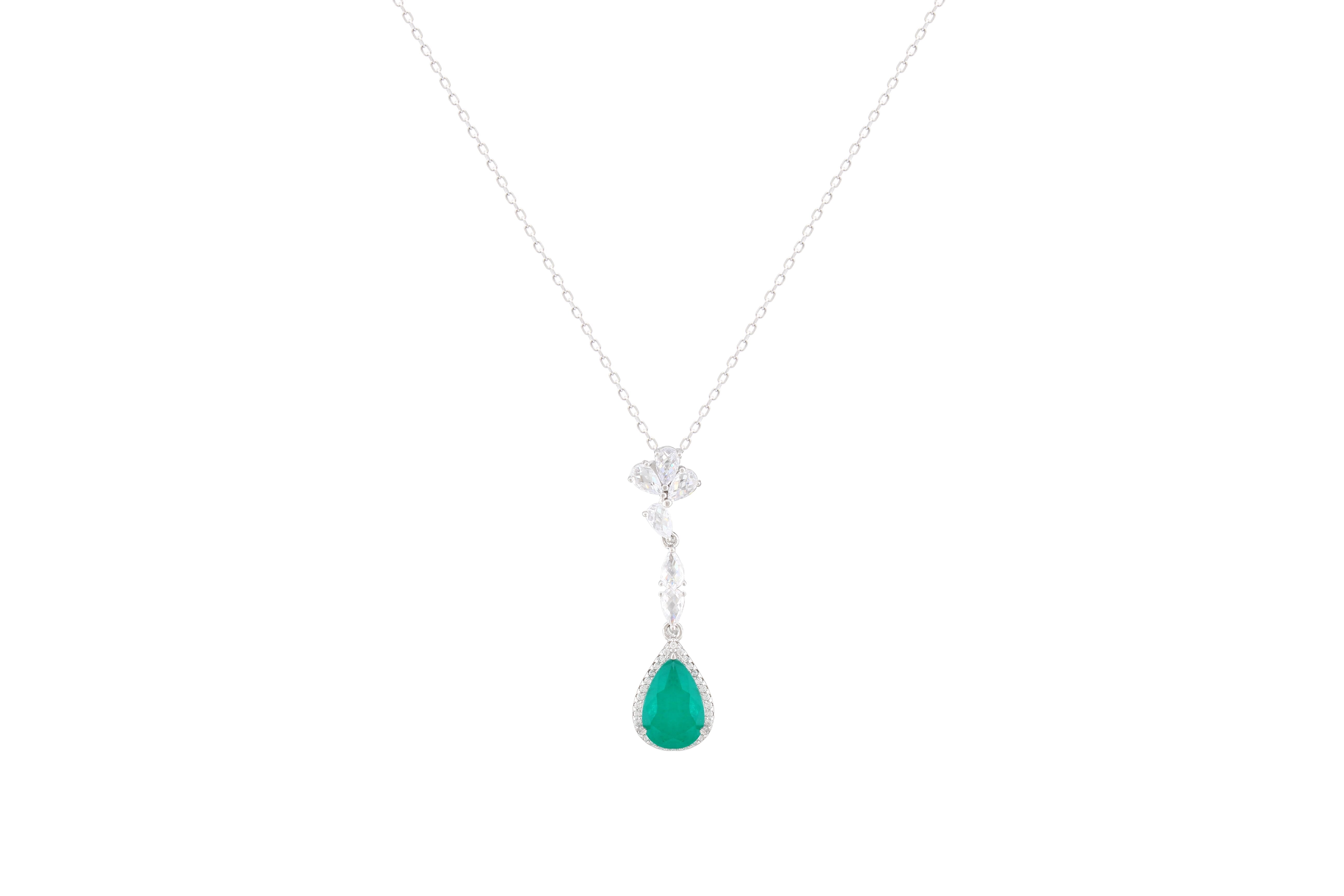 Asfour Crystal Chain Necklace With Emerald Pear Zircon Pendant In 925 Sterling Silver ND0043-G