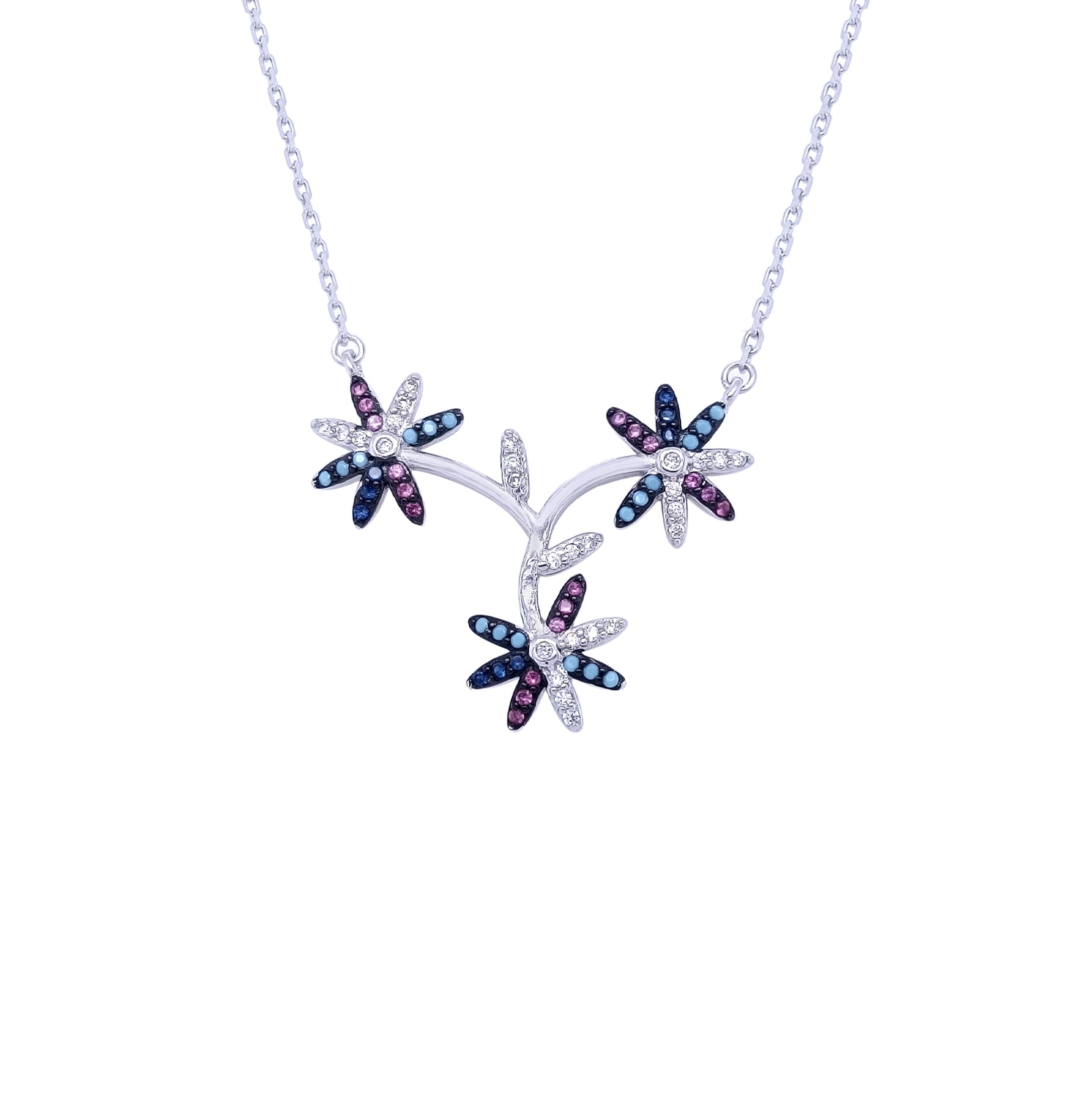 Asfour 925 Sterling Silver Necklace With Three Colored Flowers Design