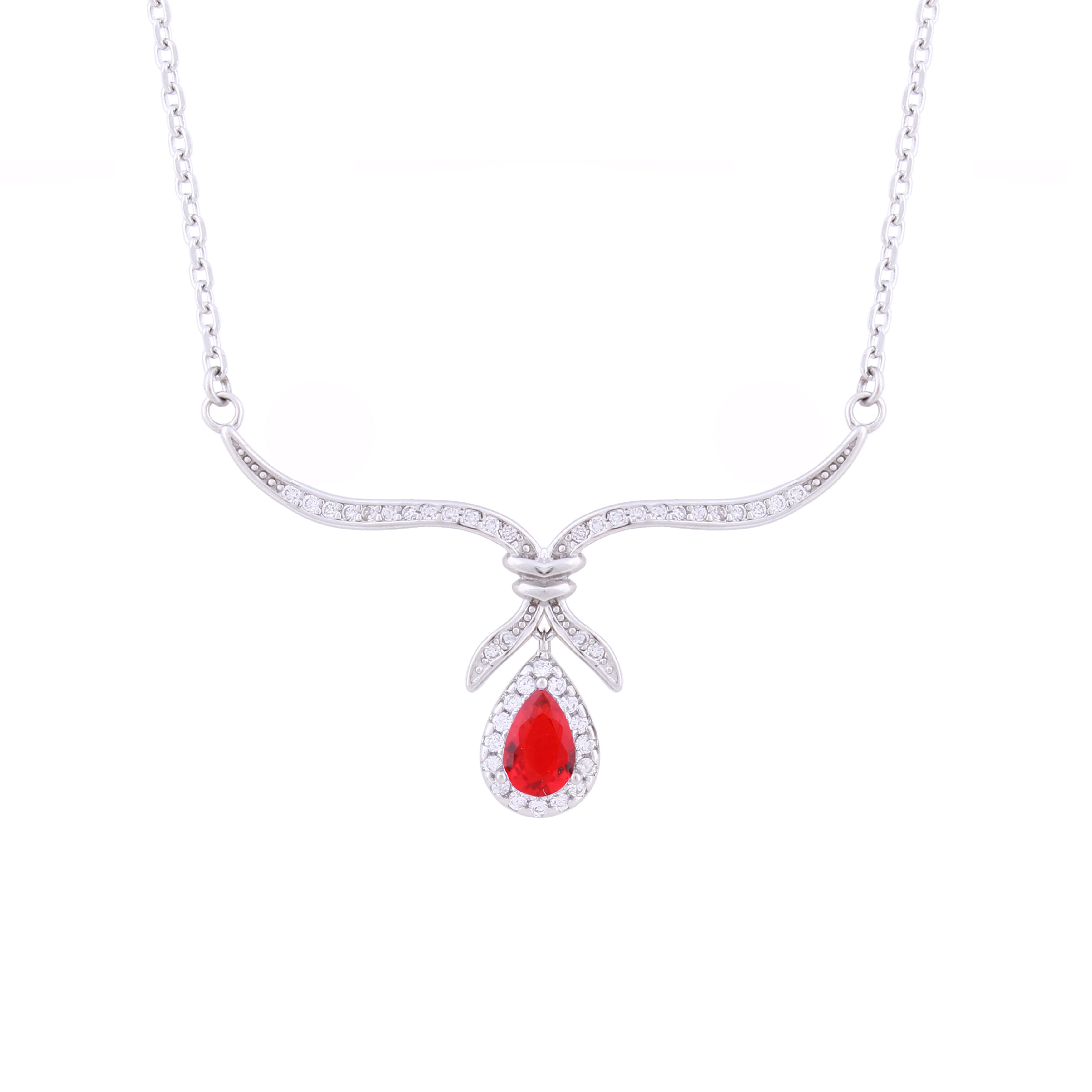 Asfour Crystal 925 Sterling Silver Chain Necklace With Red Stone