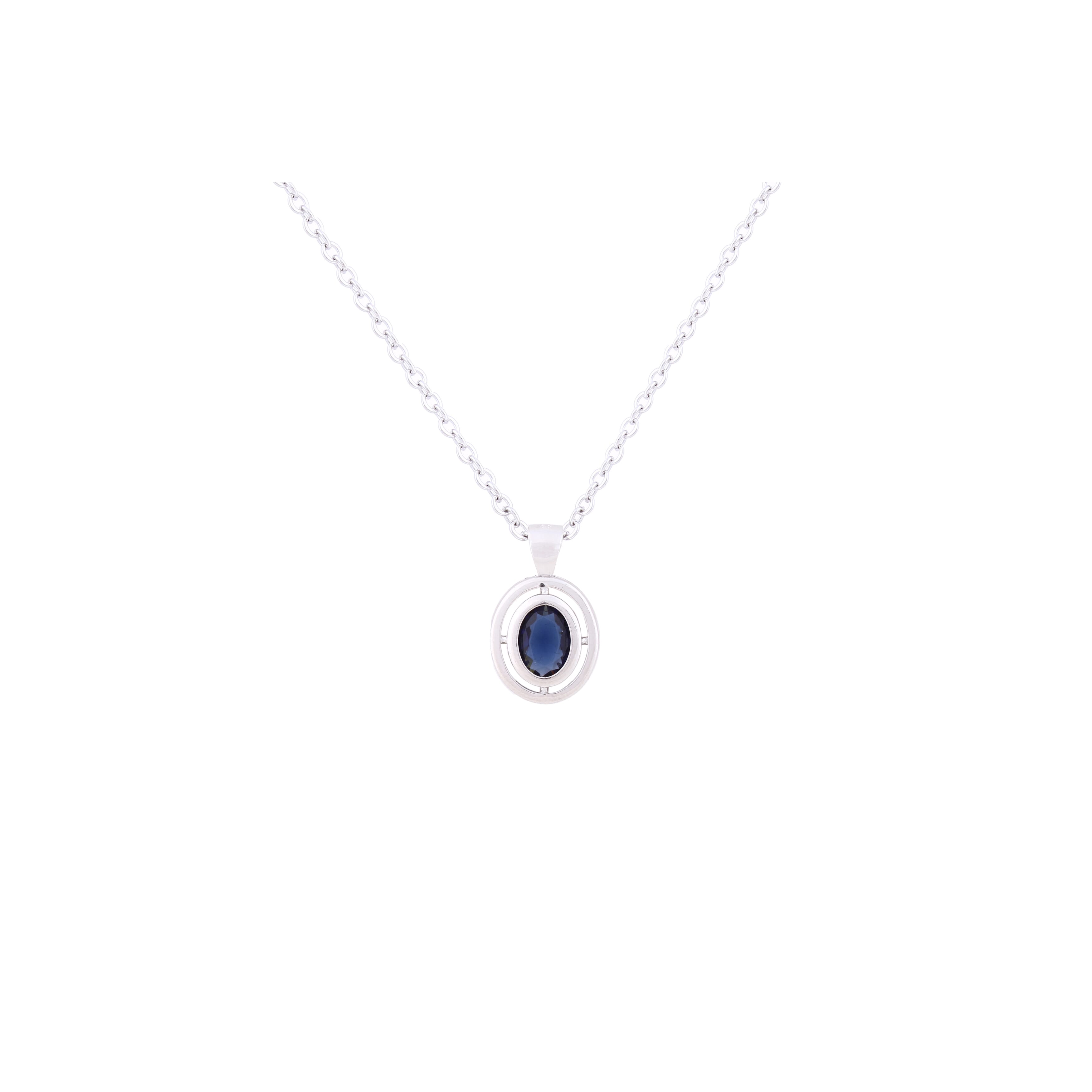 Asfour Crystal 925 Sterling Silver Chain Necklace With Blue Oval Design