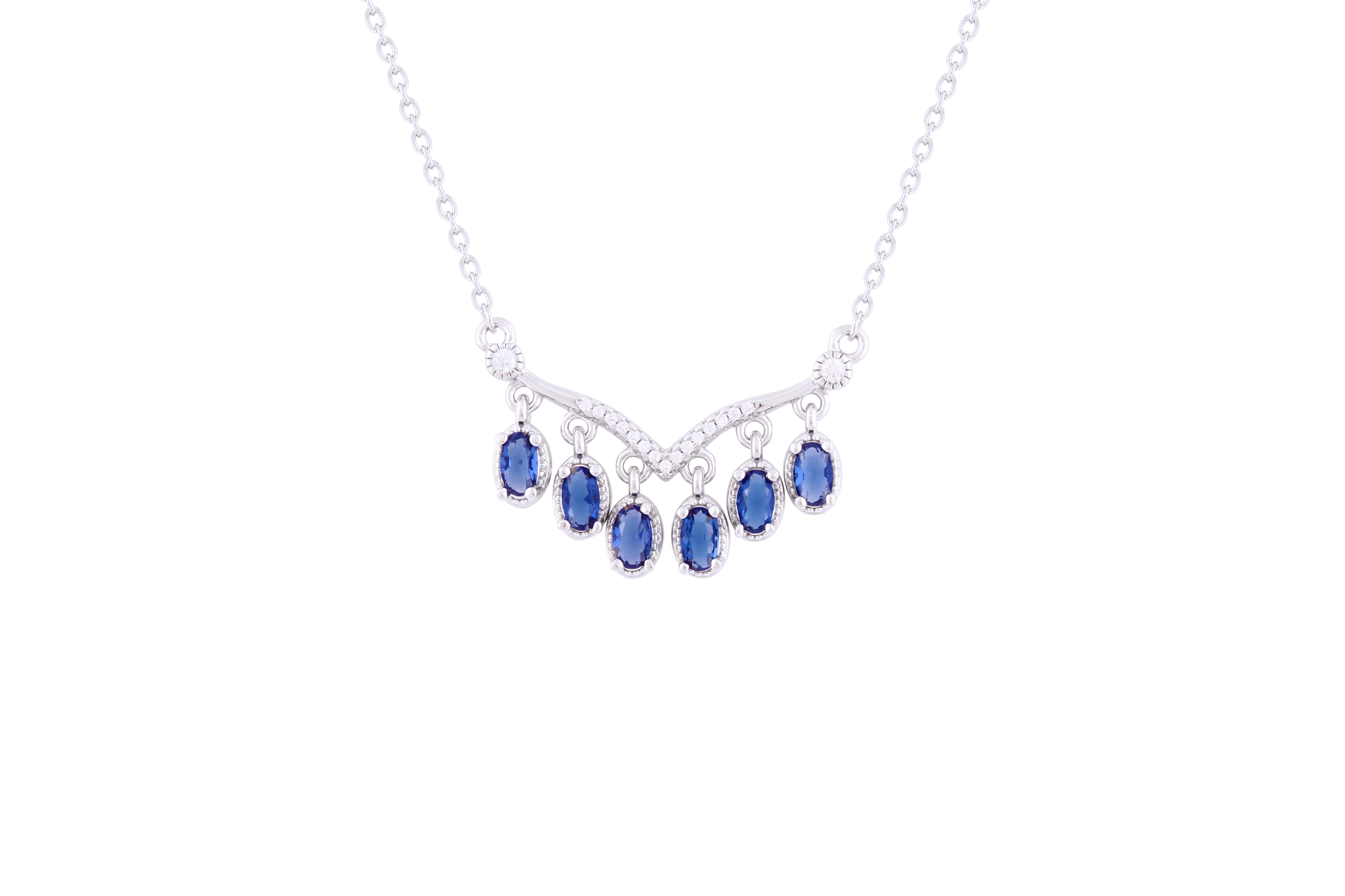 Asfour 925 Sterling Silver Necklace With Blue Oval Cut Stones NR0495-B