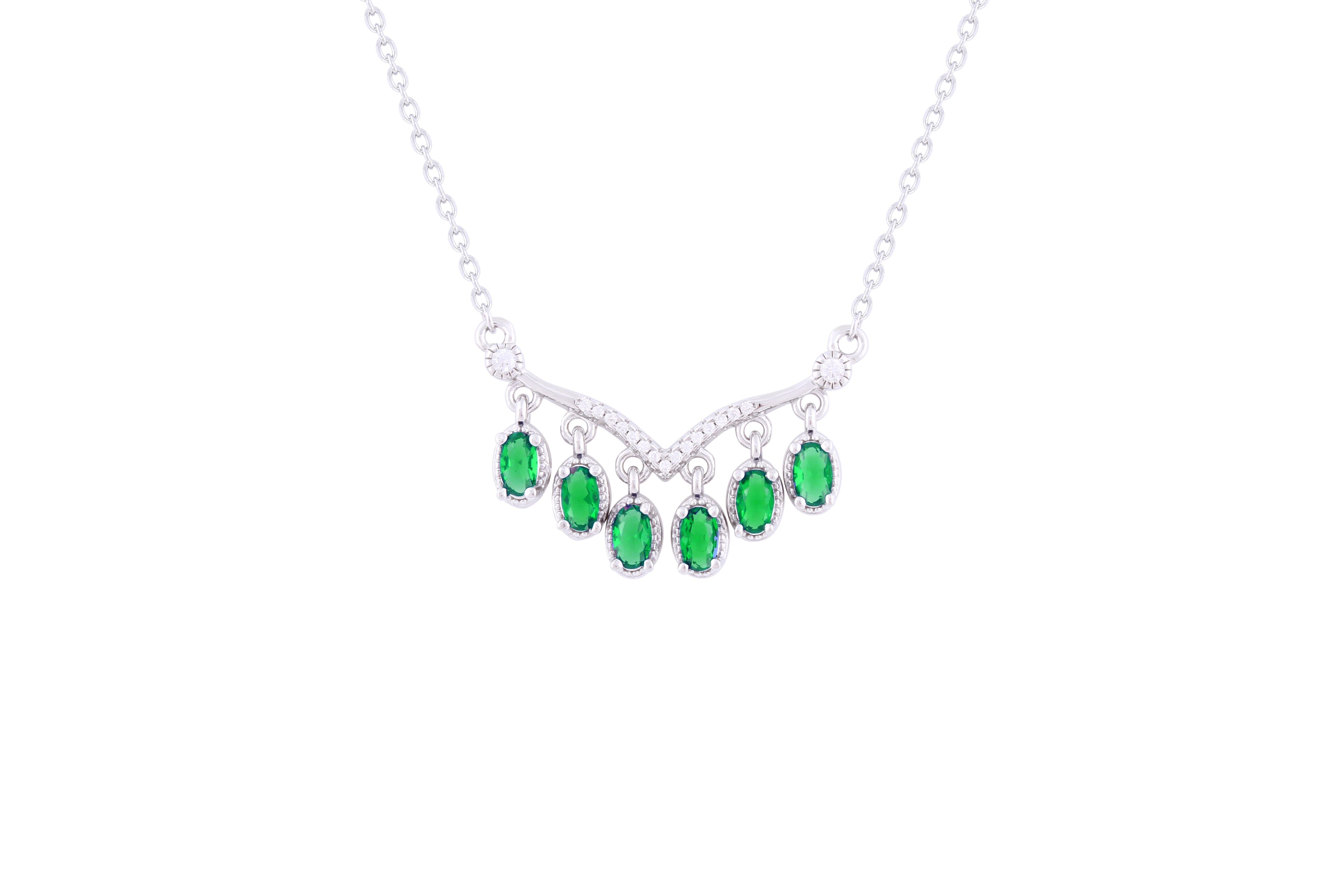 Asfour 925 Sterling Silver Necklace With Green Oval Cut Stones NR0495-G