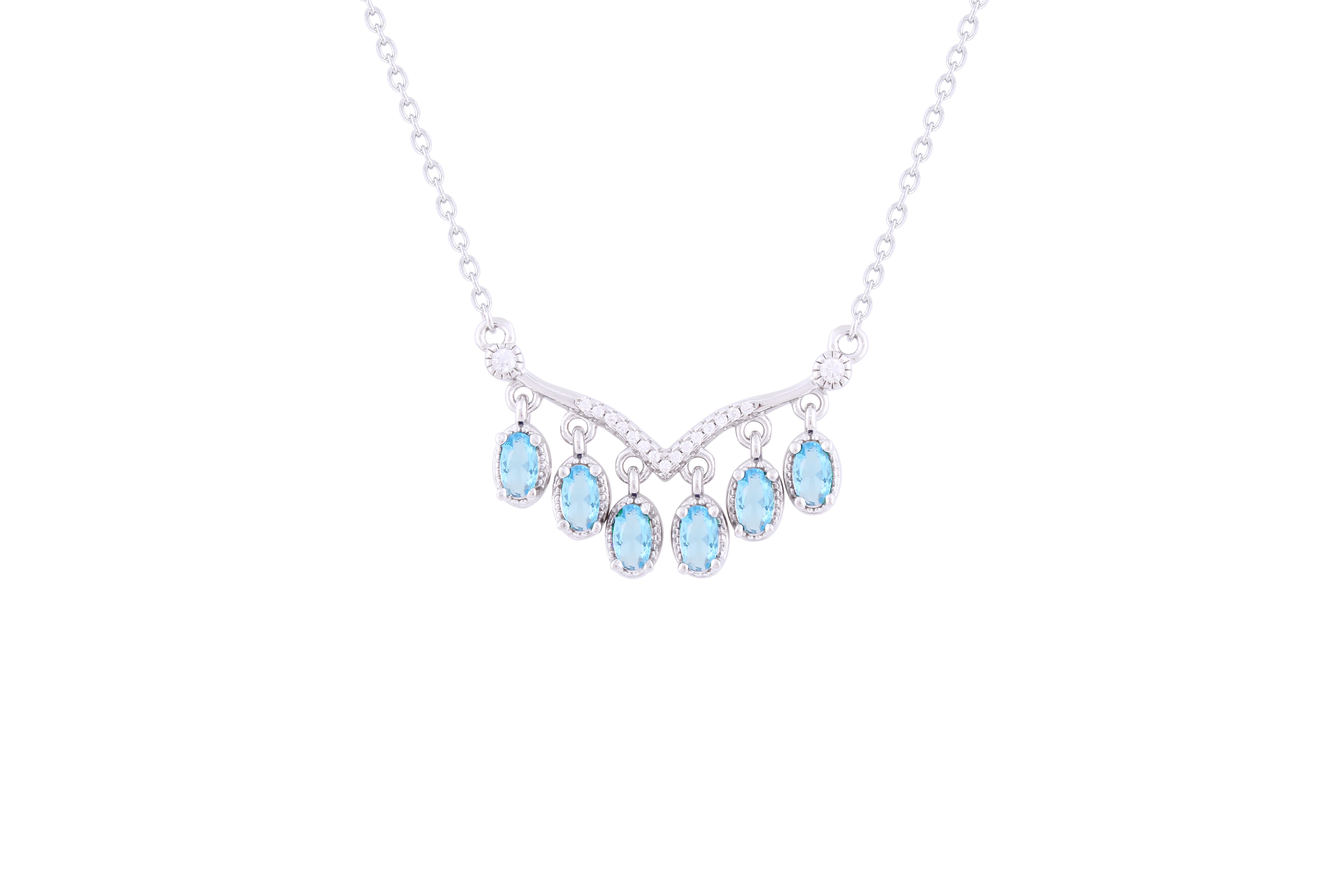 Asfour 925 Sterling Silver Necklace With Aquamarine Oval Cut Stones NR0495-M