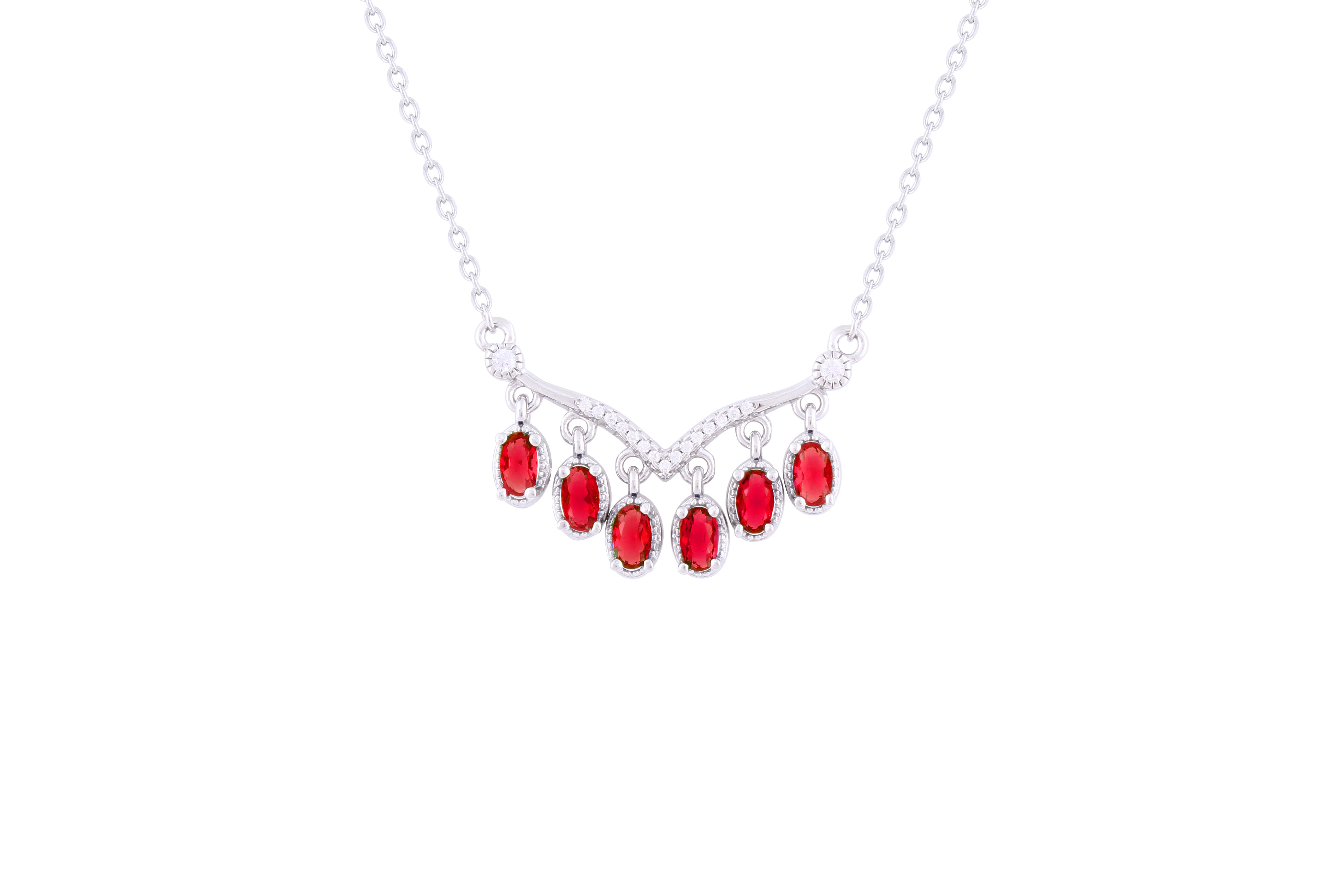 Asfour 925 Sterling Silver Necklace With Red Oval Cut Stones NR0495-R