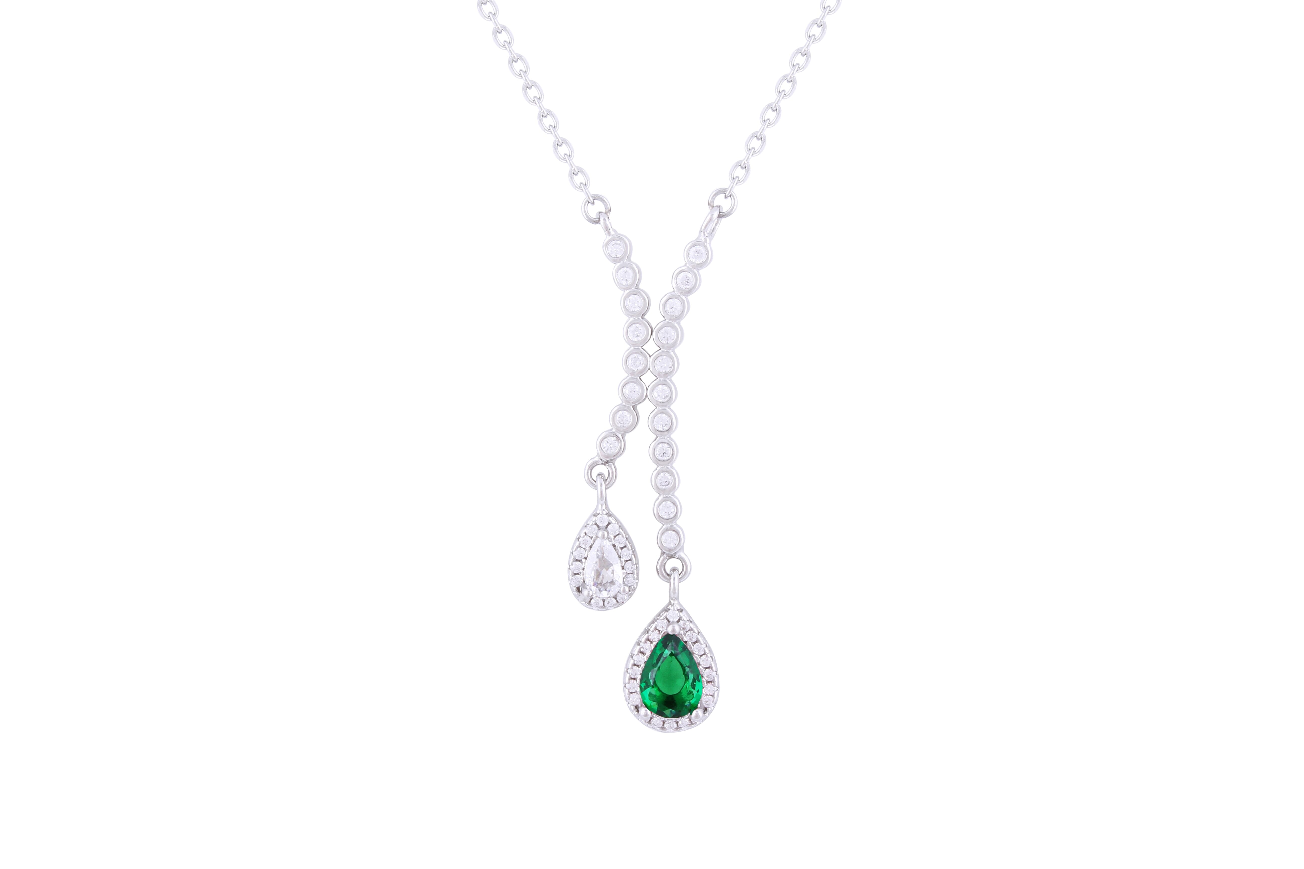Asfour 925 Sterling Silver Necklace Inlaid With Green Pear Stone NR0497-WG