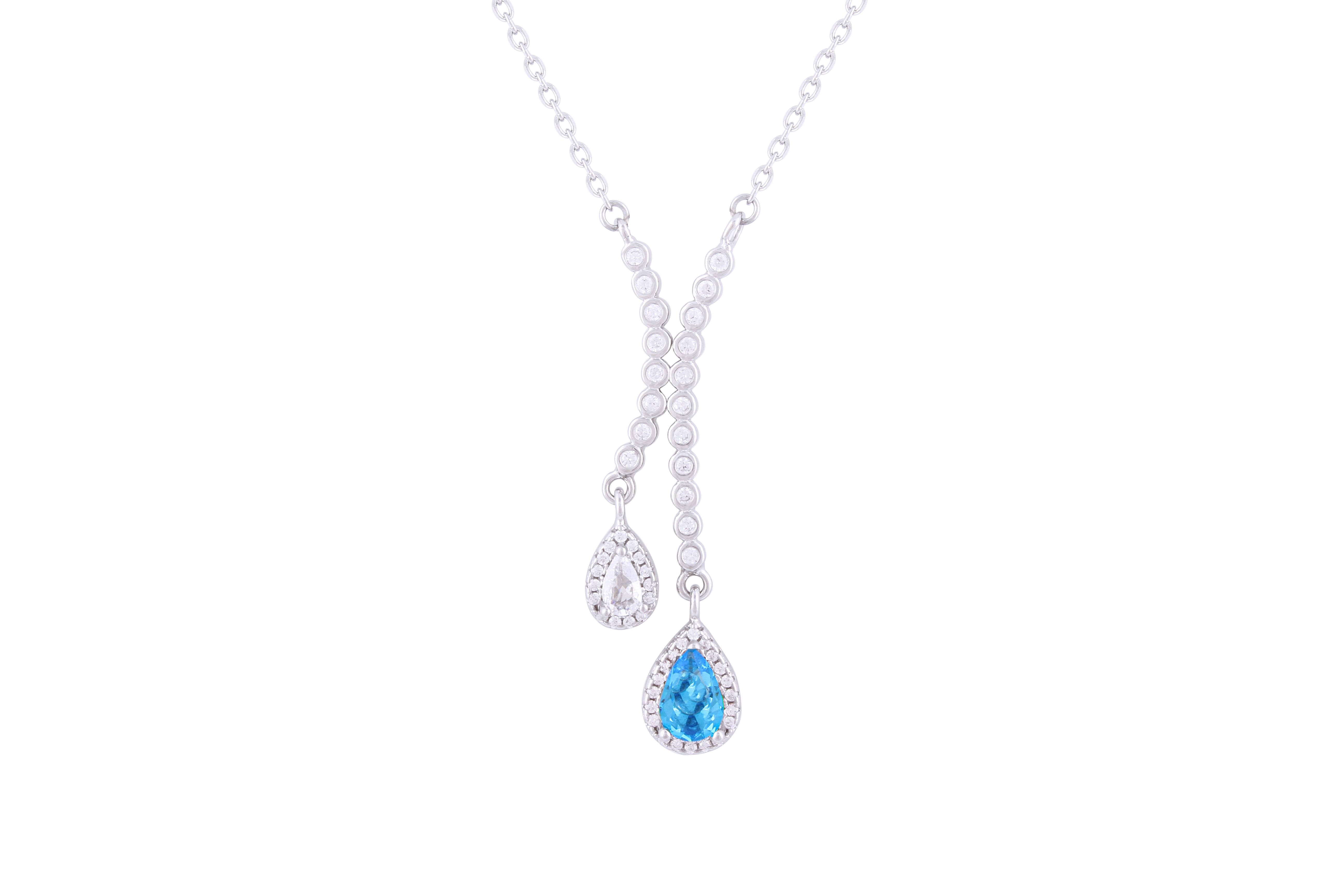 Asfour 925 Sterling Silver Necklace Inlaid With Aquamarine Pear Stone NR0497-WM