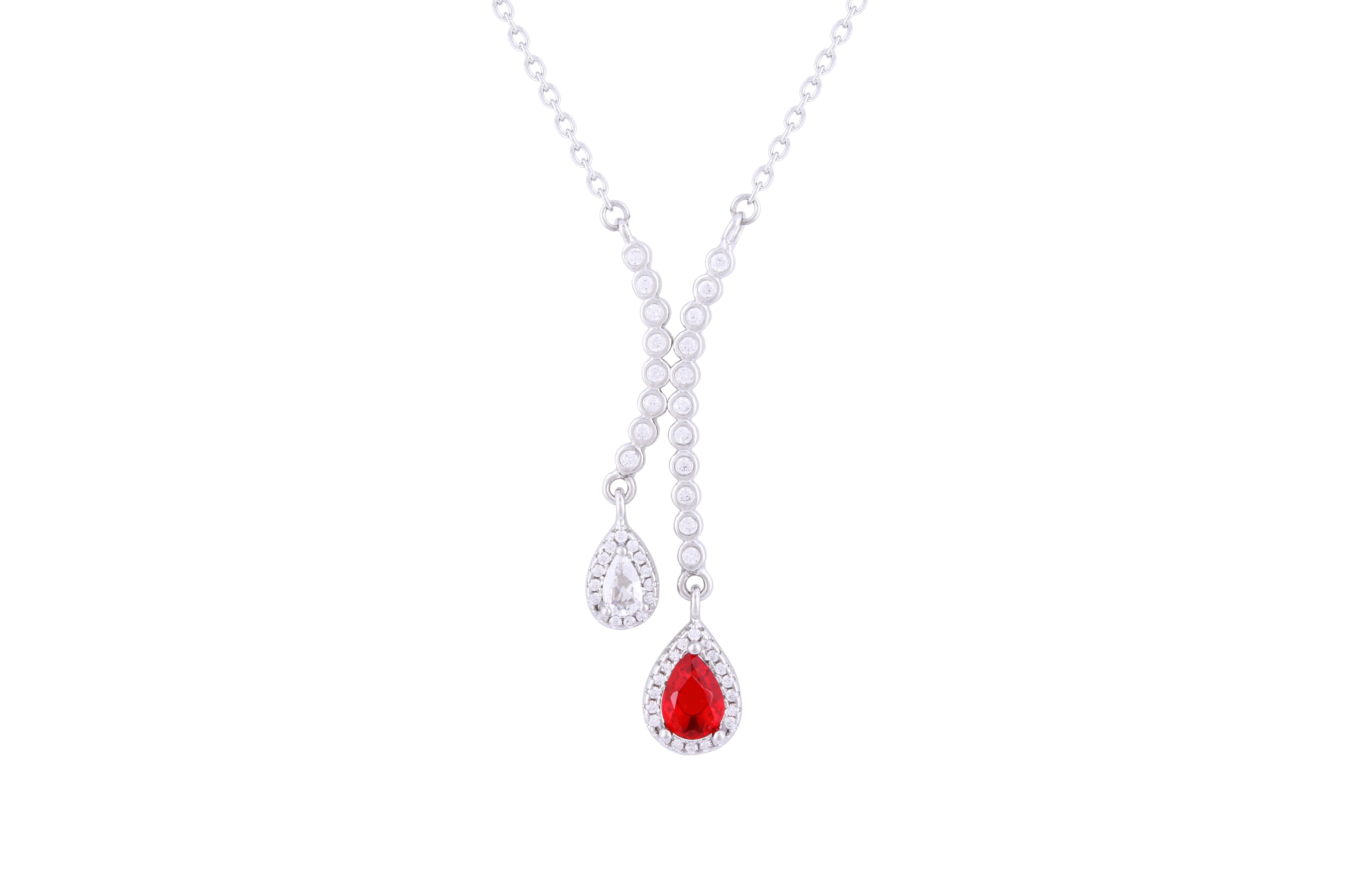 Asfour 925 Sterling Silver Necklace Inlaid With Red Pear Stone NR0497-WR